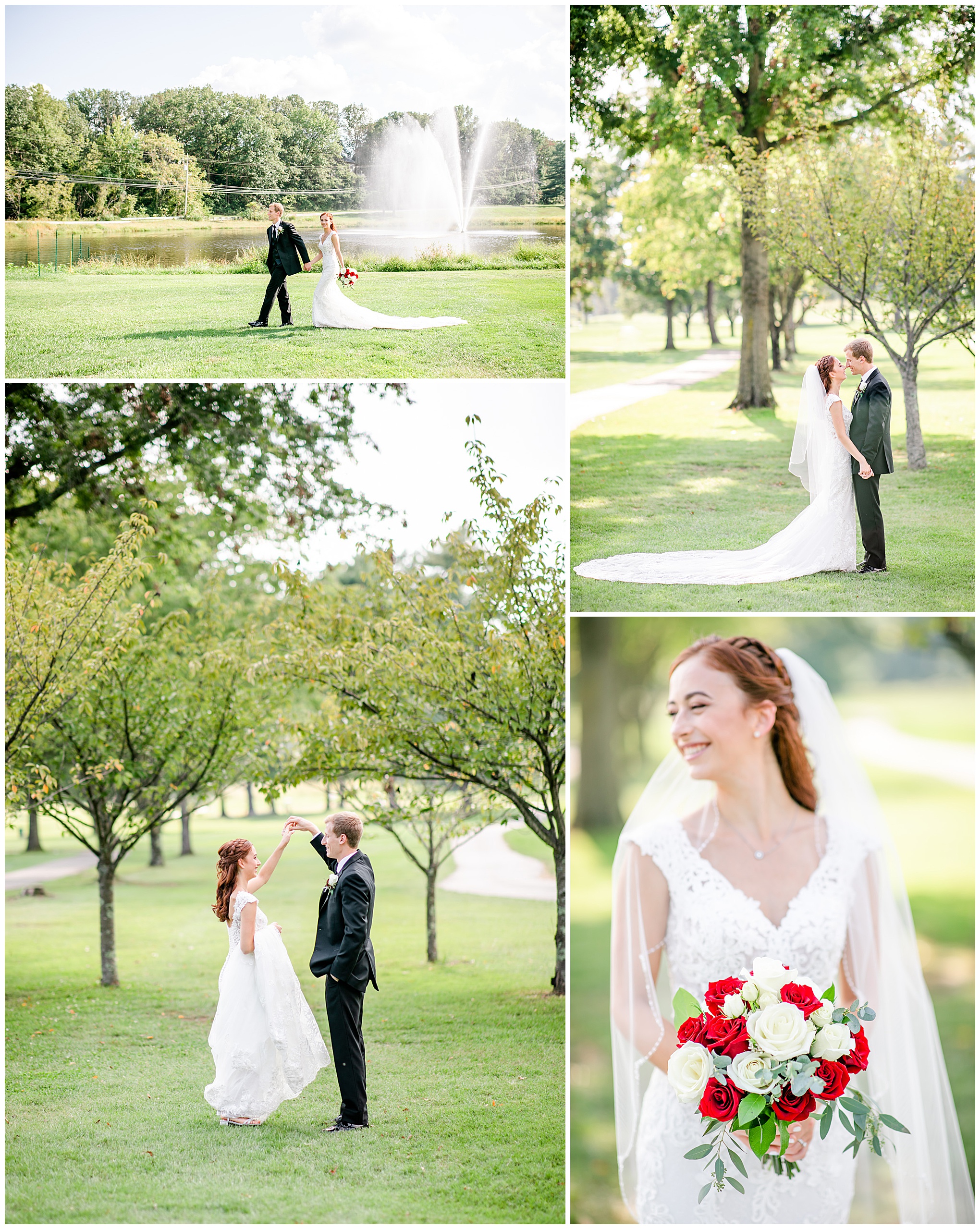 early augutmn Turf Valley Resort wedding, classic wedding aesthetic, Turf Valley Resort portraits, Elkridge wedding, Ellicott City wedding, Maryland wedding photographer, late summer wedding, early autumn wedding, autumn aesthetic, autumn wedding aesthetic, Baltimore wedding photographer, DC wedding photographer, Rachel E.H. Photography, groom spinning bride, bride and groom in front of water fountain, bride with red and white rose bouquet, Hutchinson's wedding bouquet, bride and groom holding hands
