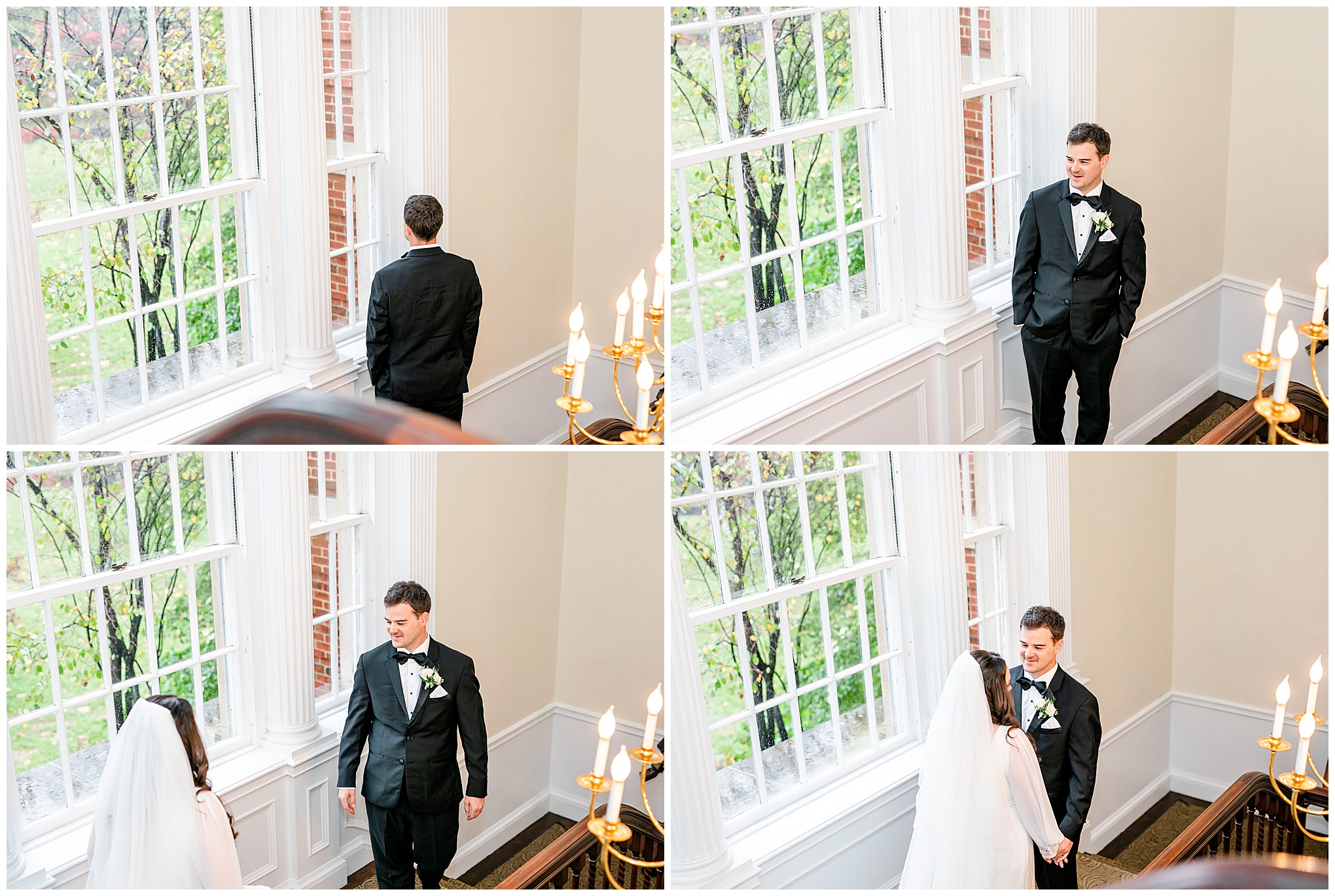 emerald and ivory Woodend Sanctuary wedding, autumn Woodend Sanctuary wedding, rainy day wedding, Maryland wedding venues, Chevy Chase MD wedding venue, mansion wedding, manor house wedding, indoor wedding, DC wedding venue, DC wedding photographer, Baltimore wedding photographer, Rachel E.H. Photography, emerald and ivory aesthetic, groom on stairs, groom looking out window, bride and groom first look, first look