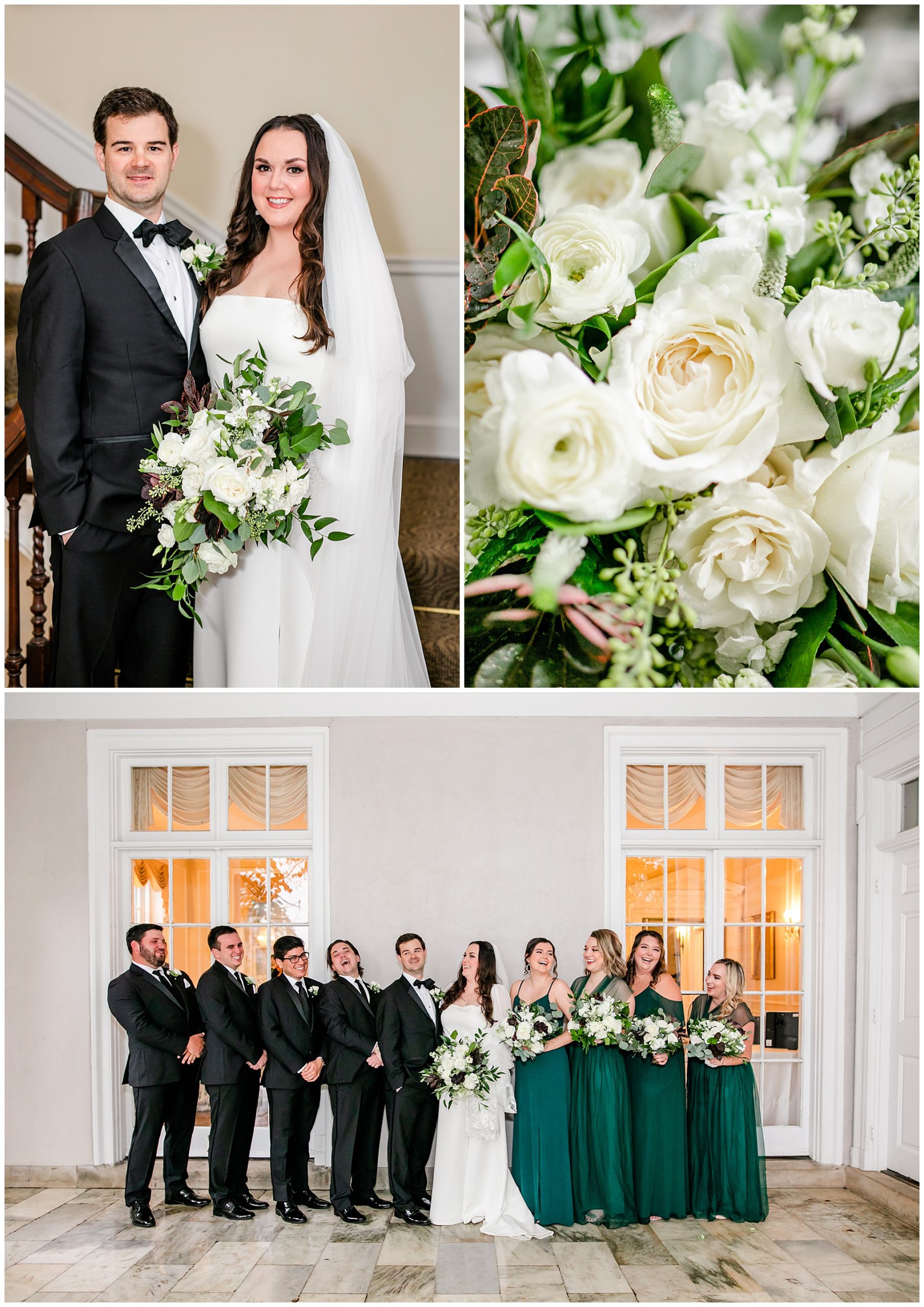 emerald and ivory Woodend Sanctuary wedding, autumn Woodend Sanctuary wedding, rainy day wedding, Maryland wedding venues, Chevy Chase MD wedding venue, mansion wedding, manor house wedding, indoor wedding, DC wedding venue, DC wedding photographer, Baltimore wedding photographer, Rachel E.H. Photography, emerald and ivory aesthetic, bride and groom with wedding party, white wedding bouquet, Flowers at 38