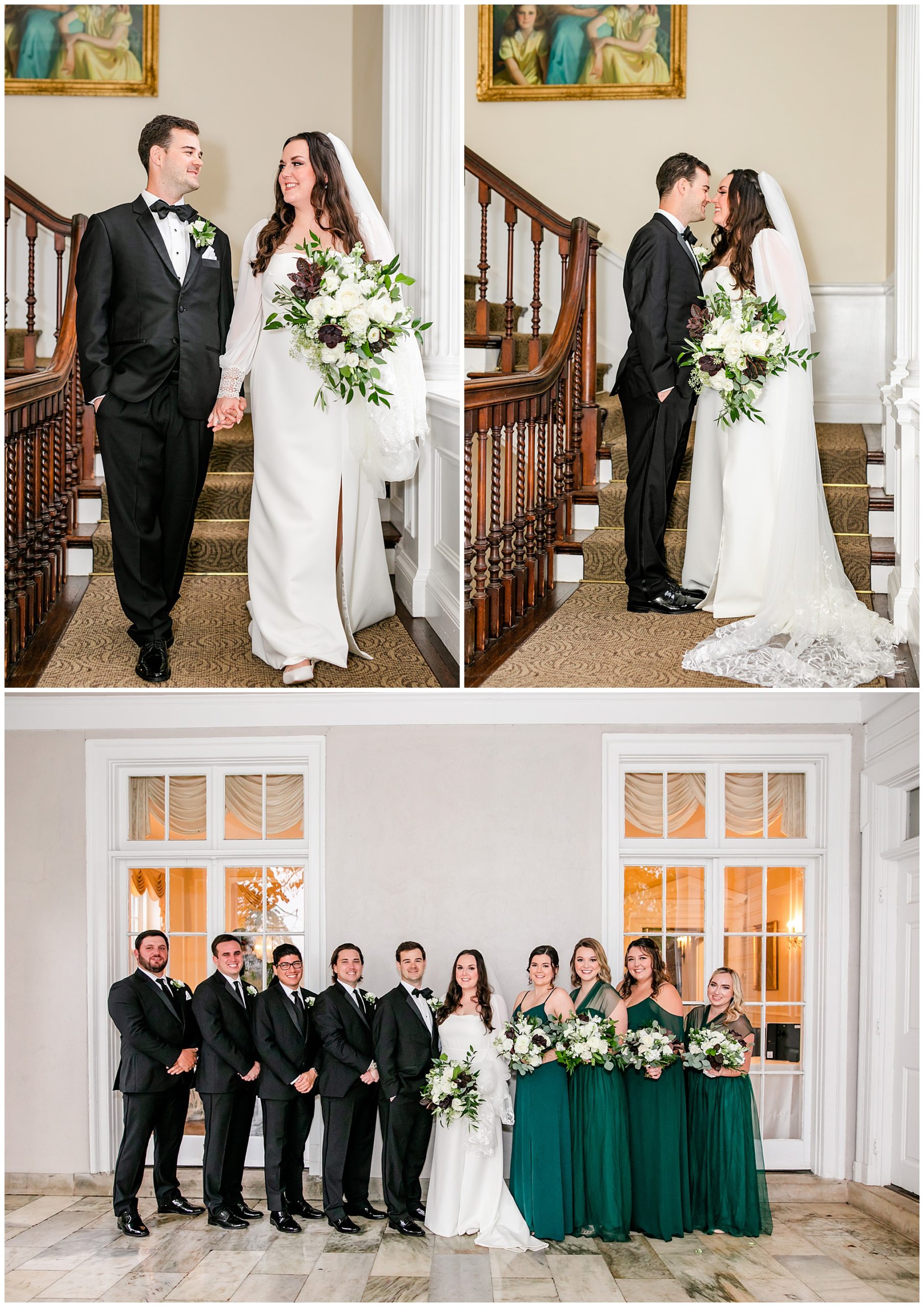 emerald and ivory Woodend Sanctuary wedding, autumn Woodend Sanctuary wedding, rainy day wedding, Maryland wedding venues, Chevy Chase MD wedding venue, mansion wedding, manor house wedding, indoor wedding, DC wedding venue, DC wedding photographer, Baltimore wedding photographer, Rachel E.H. Photography, emerald and ivory aesthetic, bride and groom on stairs, bride and groom almost kissing, bride and groom with wedding party
