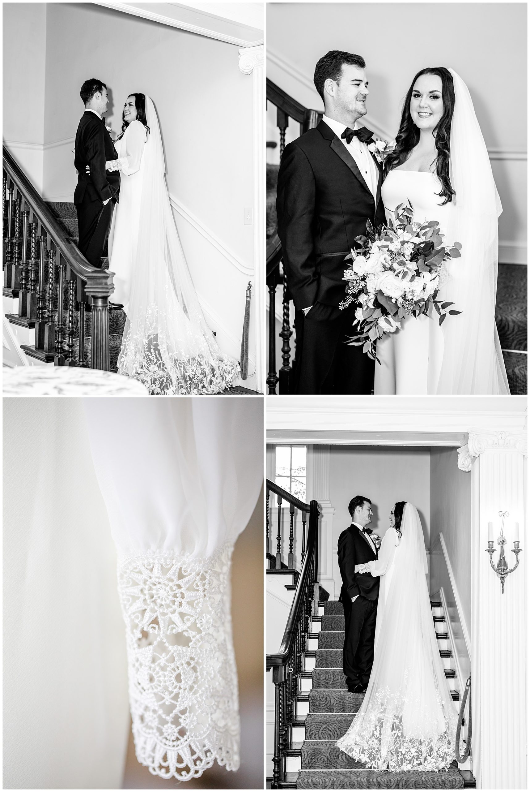 emerald and ivory Woodend Sanctuary wedding, autumn Woodend Sanctuary wedding, rainy day wedding, Maryland wedding venues, Chevy Chase MD wedding venue, mansion wedding, manor house wedding, indoor wedding, DC wedding venue, DC wedding photographer, Baltimore wedding photographer, Rachel E.H. Photography, emerald and ivory aesthetic, black and white, bride and groom on stairs, wedding dress lace sleeve
