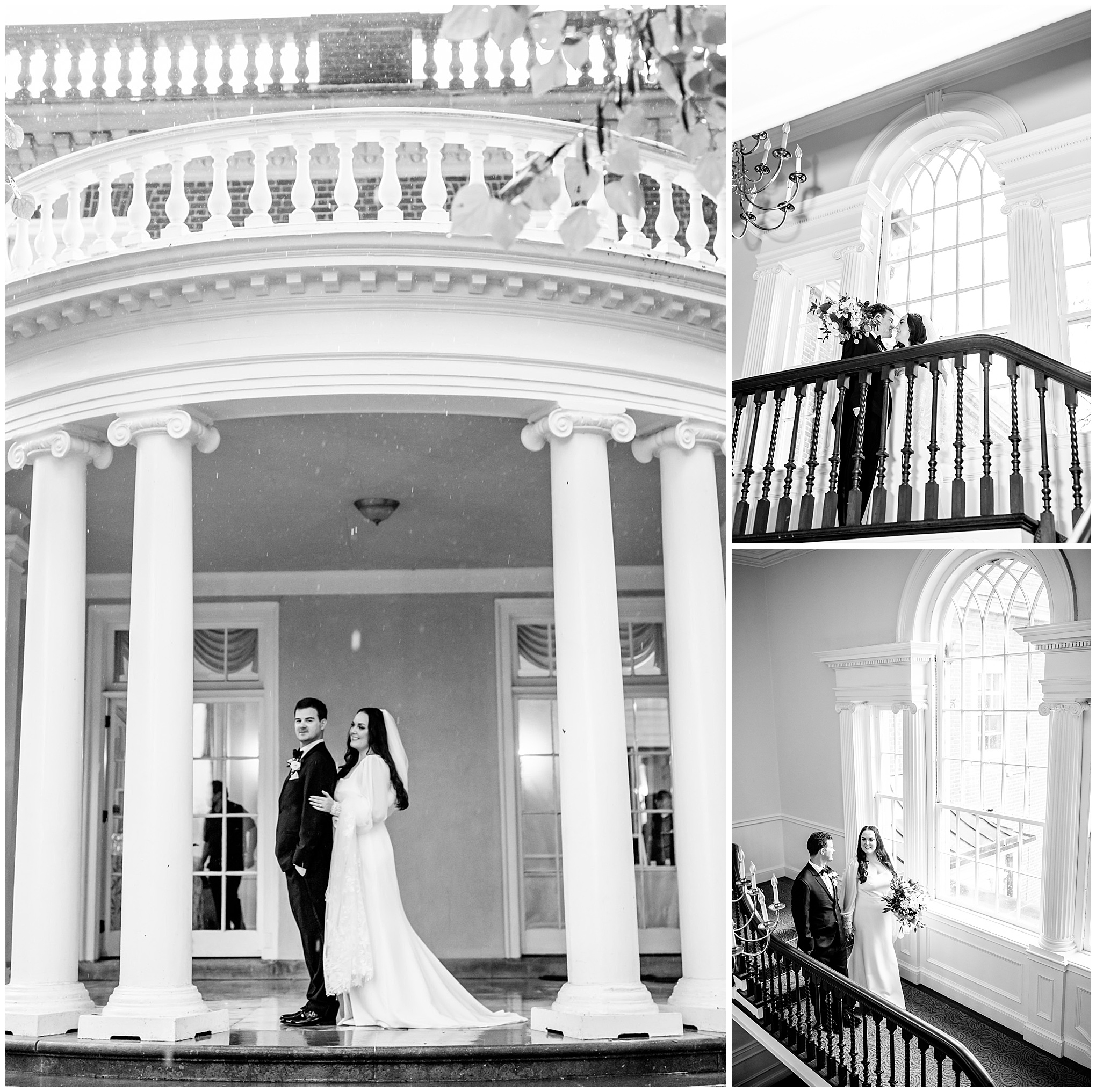 emerald and ivory Woodend Sanctuary wedding, autumn Woodend Sanctuary wedding, rainy day wedding, Maryland wedding venues, Chevy Chase MD wedding venue, mansion wedding, manor house wedding, indoor wedding, DC wedding venue, DC wedding photographer, Baltimore wedding photographer, Rachel E.H. Photography, emerald and ivory aesthetic, black and white, bride and groom under balcony, bride and groom on balcony