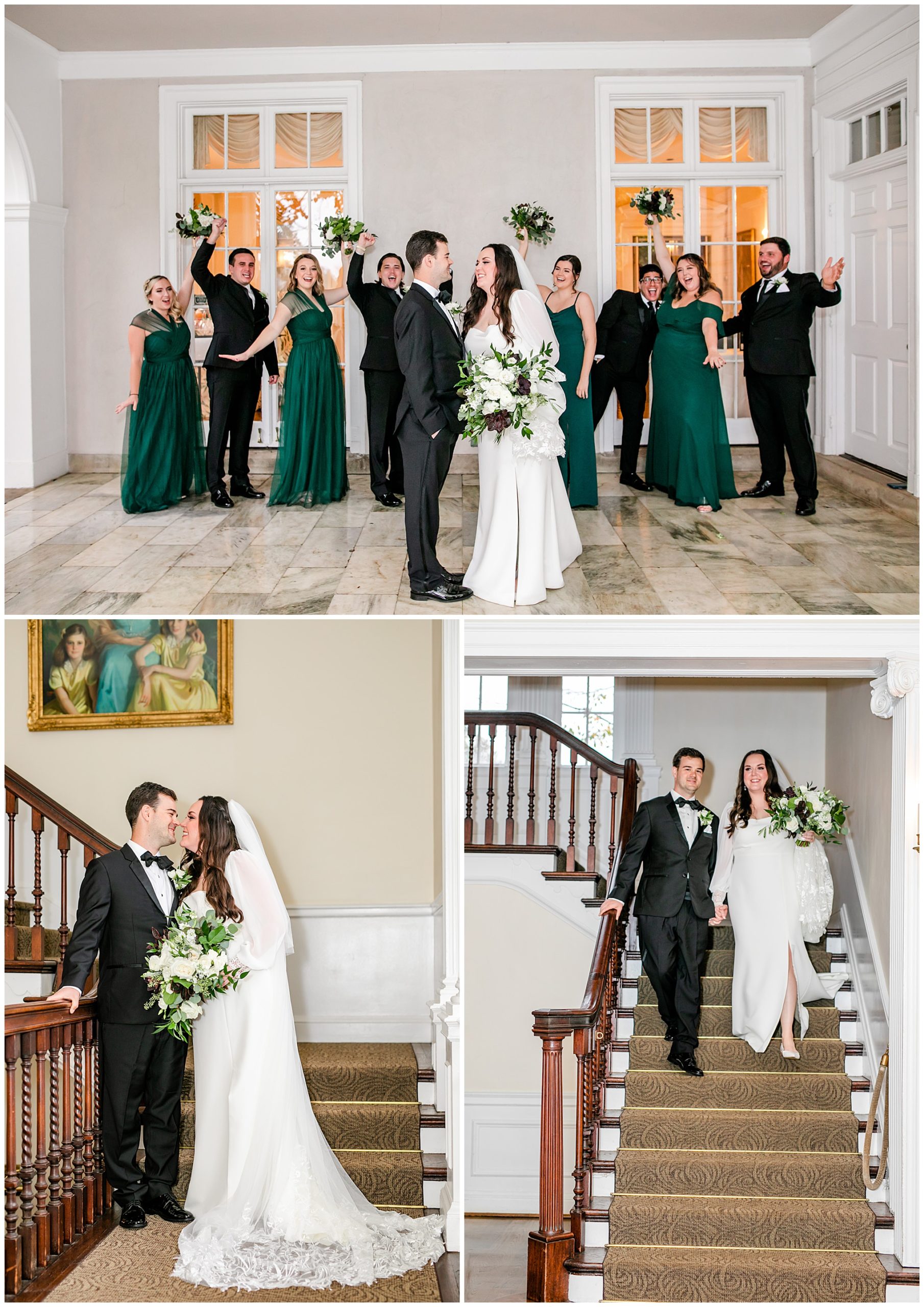 emerald and ivory Woodend Sanctuary wedding, autumn Woodend Sanctuary wedding, rainy day wedding, Maryland wedding venues, Chevy Chase MD wedding venue, mansion wedding, manor house wedding, indoor wedding, DC wedding venue, DC wedding photographer, Baltimore wedding photographer, Rachel E.H. Photography, emerald and ivory aesthetic, bride and groom with wedding party, bridesmaids holding bouquets, Flowers at 38, bride and groom walking down stairs