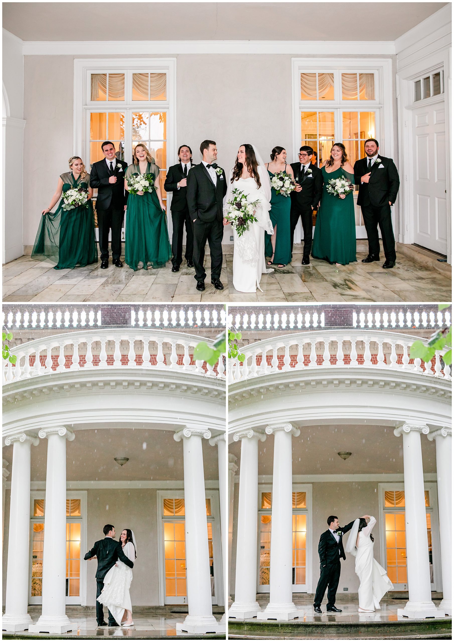 emerald and ivory Woodend Sanctuary wedding, autumn Woodend Sanctuary wedding, rainy day wedding, Maryland wedding venues, Chevy Chase MD wedding venue, mansion wedding, manor house wedding, indoor wedding, DC wedding venue, DC wedding photographer, Baltimore wedding photographer, Rachel E.H. Photography, emerald and ivory aesthetic, bride and groom with wedding party, wedding party laughing, bride and groom dancing, bride and groom under balcony, The Coordinated Collective