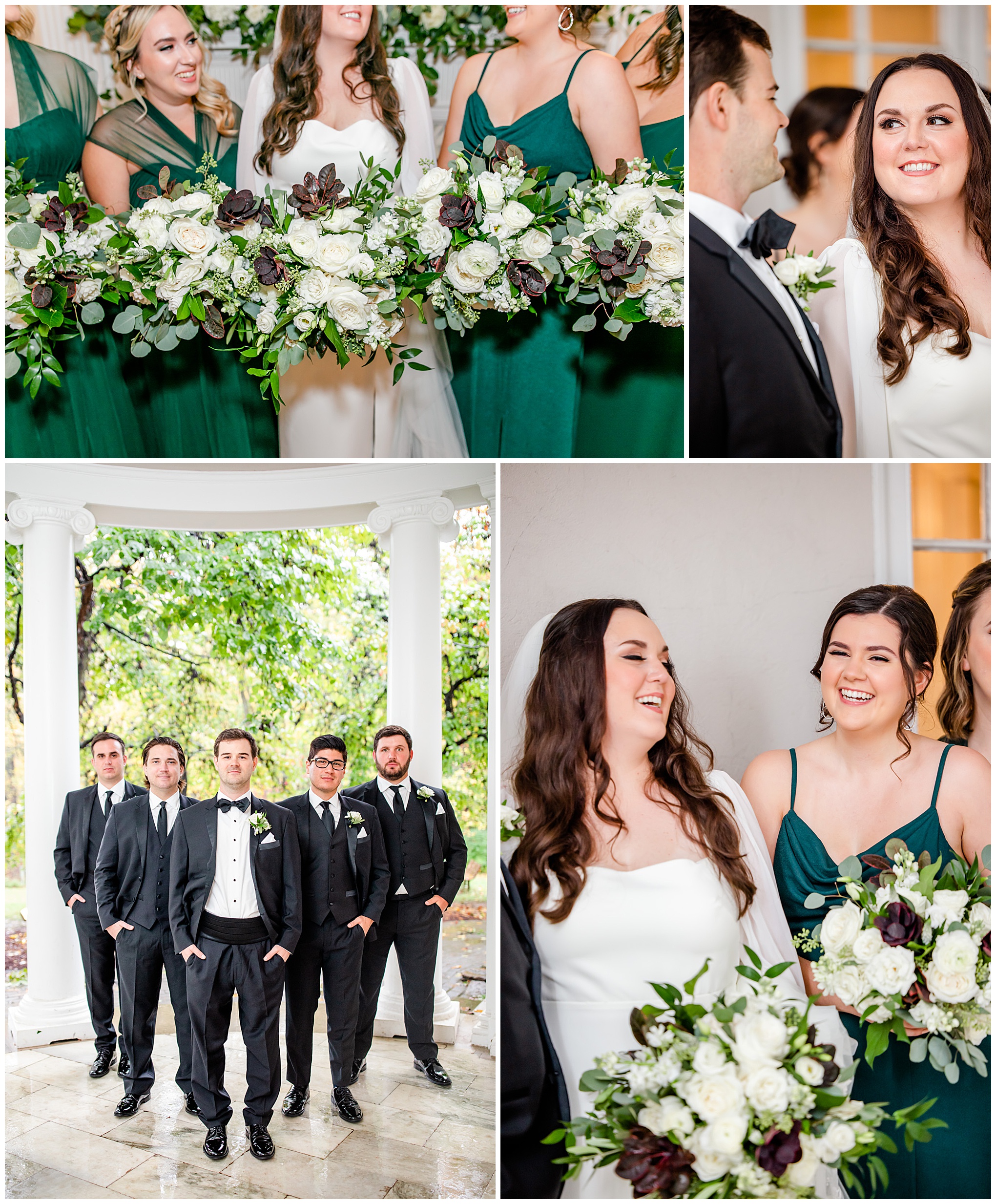 emerald and ivory Woodend Sanctuary wedding, autumn Woodend Sanctuary wedding, rainy day wedding, Maryland wedding venues, Chevy Chase MD wedding venue, mansion wedding, manor house wedding, indoor wedding, DC wedding venue, DC wedding photographer, Baltimore wedding photographer, Rachel E.H. Photography, emerald and ivory aesthetic, groom with groomsmen, bride with bridesmaids, bride and groom looking at each other