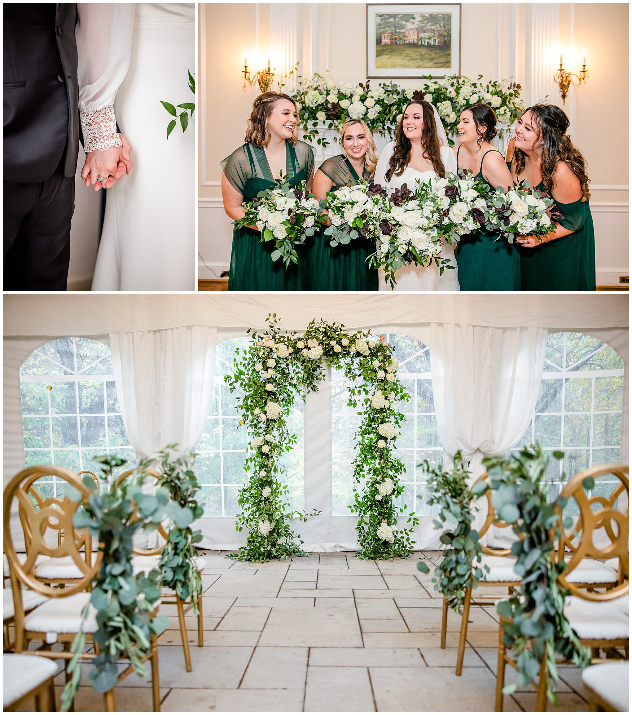 emerald and ivory Woodend Sanctuary wedding, autumn Woodend Sanctuary wedding, rainy day wedding, Maryland wedding venues, Chevy Chase MD wedding venue, mansion wedding, manor house wedding, indoor wedding, DC wedding venue, DC wedding photographer, Baltimore wedding photographer, Rachel E.H. Photography, emerald and ivory aesthetic, bride with bridesmaids, flower arch alter, Flowers at 38, bride and groom holding hands