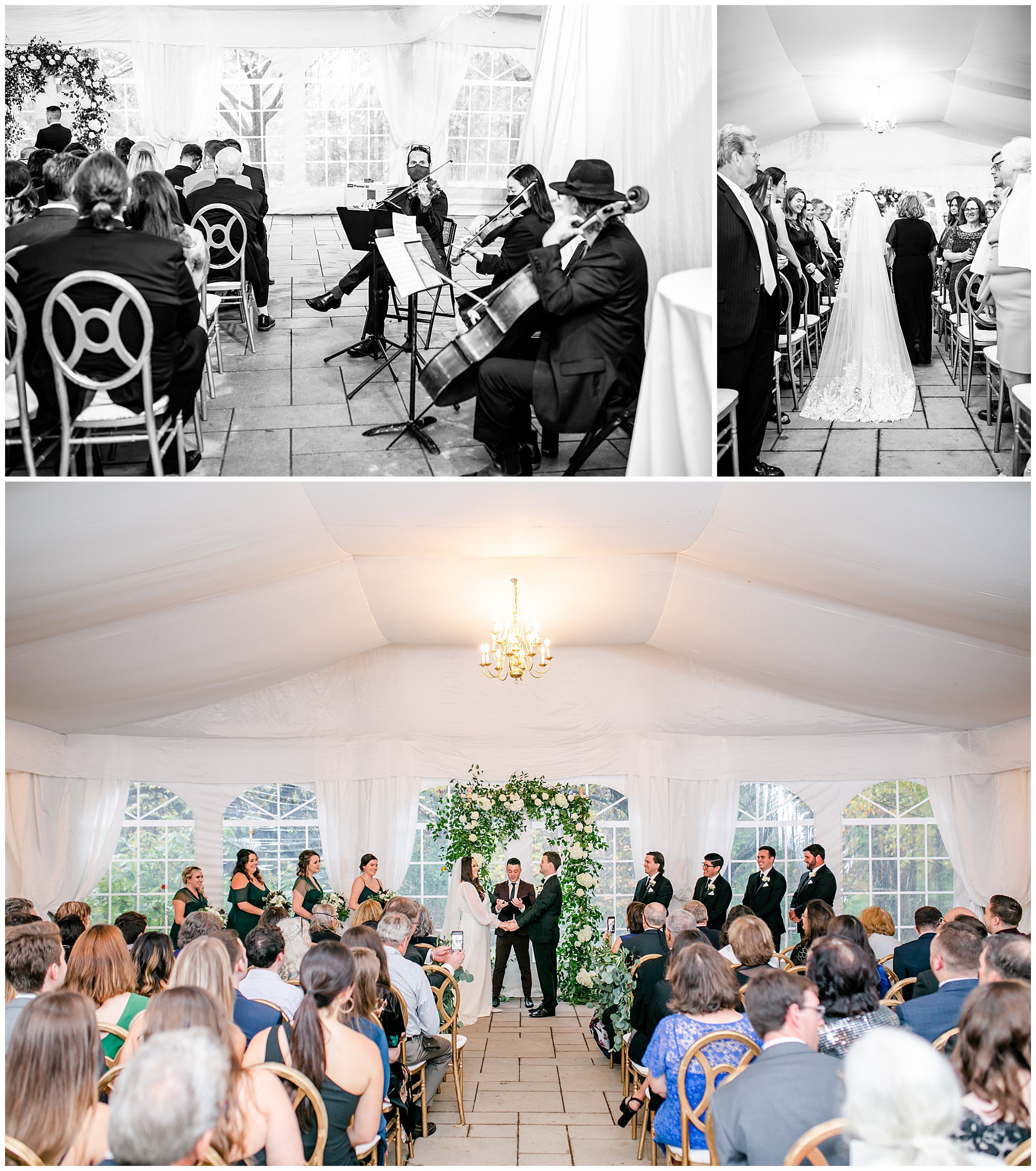 emerald and ivory Woodend Sanctuary wedding, autumn Woodend Sanctuary wedding, rainy day wedding, Maryland wedding venues, Chevy Chase MD wedding venue, mansion wedding, manor house wedding, indoor wedding, DC wedding venue, DC wedding photographer, Baltimore wedding photographer, Rachel E.H. Photography, emerald and ivory aesthetic, black and white, rock creek band, bride and groom at alter, bride walking down aisle, The Coordinated Collective