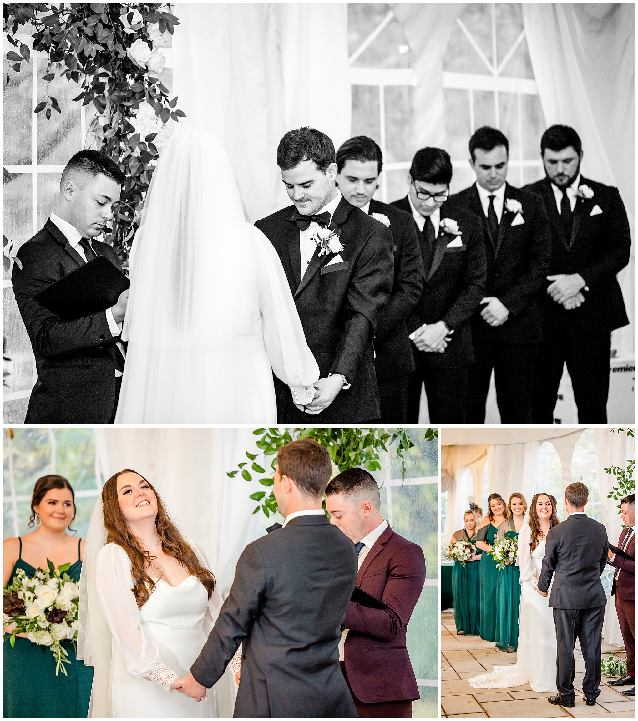 emerald and ivory Woodend Sanctuary wedding, autumn Woodend Sanctuary wedding, rainy day wedding, Maryland wedding venues, Chevy Chase MD wedding venue, mansion wedding, manor house wedding, indoor wedding, DC wedding venue, DC wedding photographer, Baltimore wedding photographer, Rachel E.H. Photography, emerald and ivory aesthetic, black and white, groom and groomsmen praying, praying at alter, bride with bridesmaids at alter