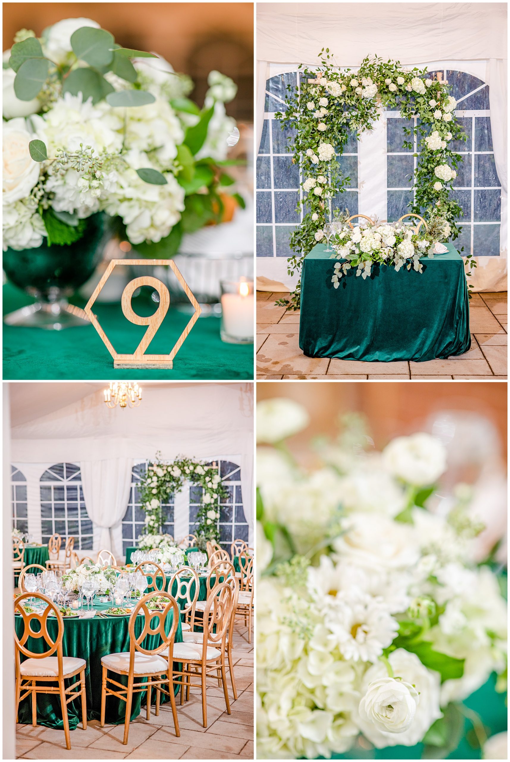 emerald and ivory Woodend Sanctuary wedding, autumn Woodend Sanctuary wedding, rainy day wedding, Maryland wedding venues, Chevy Chase MD wedding venue, mansion wedding, manor house wedding, indoor wedding, DC wedding venue, DC wedding photographer, Baltimore wedding photographer, Rachel E.H. Photography, emerald and ivory aesthetic, gold table numbers, emerald tablecloths, emerald and gold reception, Flowers by 38
