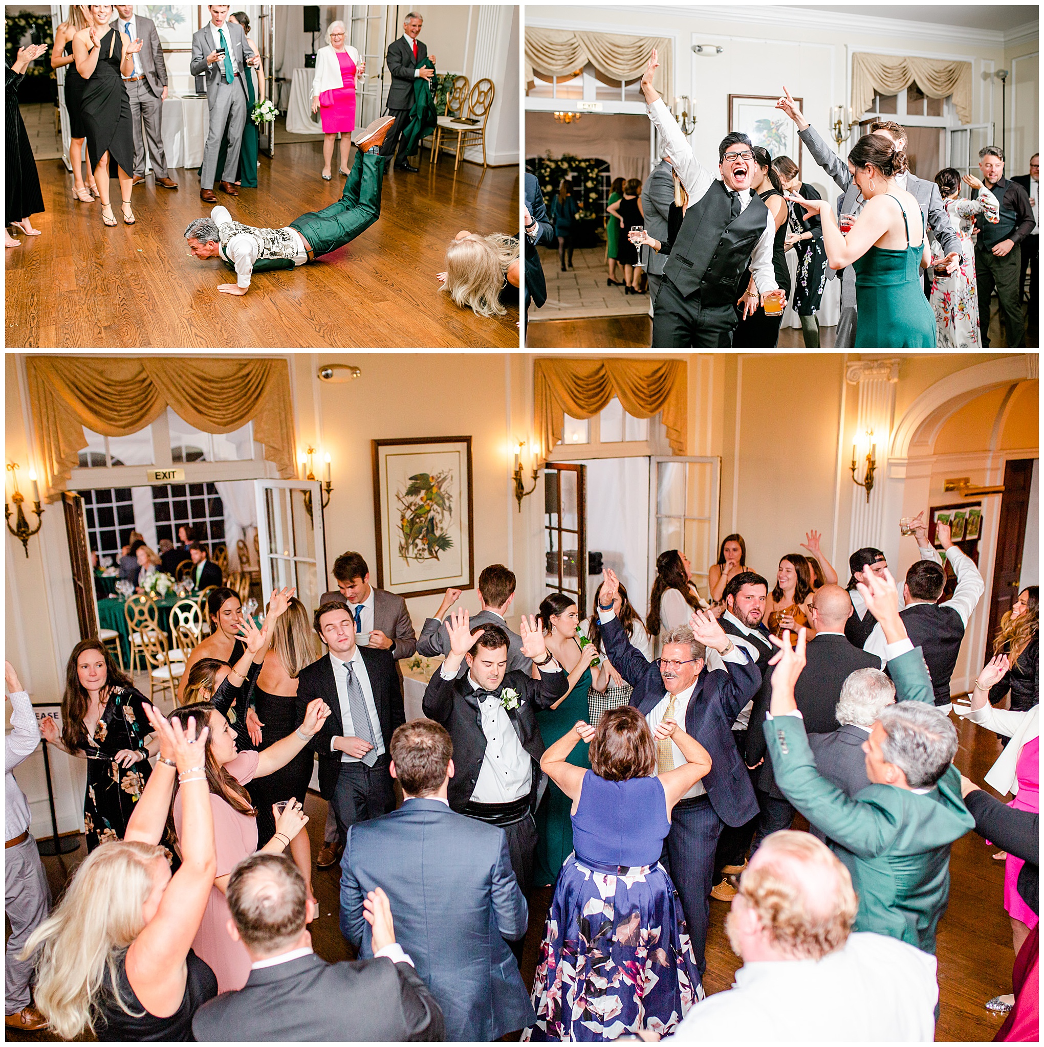 emerald and ivory Woodend Sanctuary wedding, autumn Woodend Sanctuary wedding, rainy day wedding, Maryland wedding venues, Chevy Chase MD wedding venue, mansion wedding, manor house wedding, indoor wedding, DC wedding venue, DC wedding photographer, Baltimore wedding photographer, Rachel E.H. Photography, emerald and ivory aesthetic, wedding reception, guests dancing, man doing the worm, The Coordinated Collective