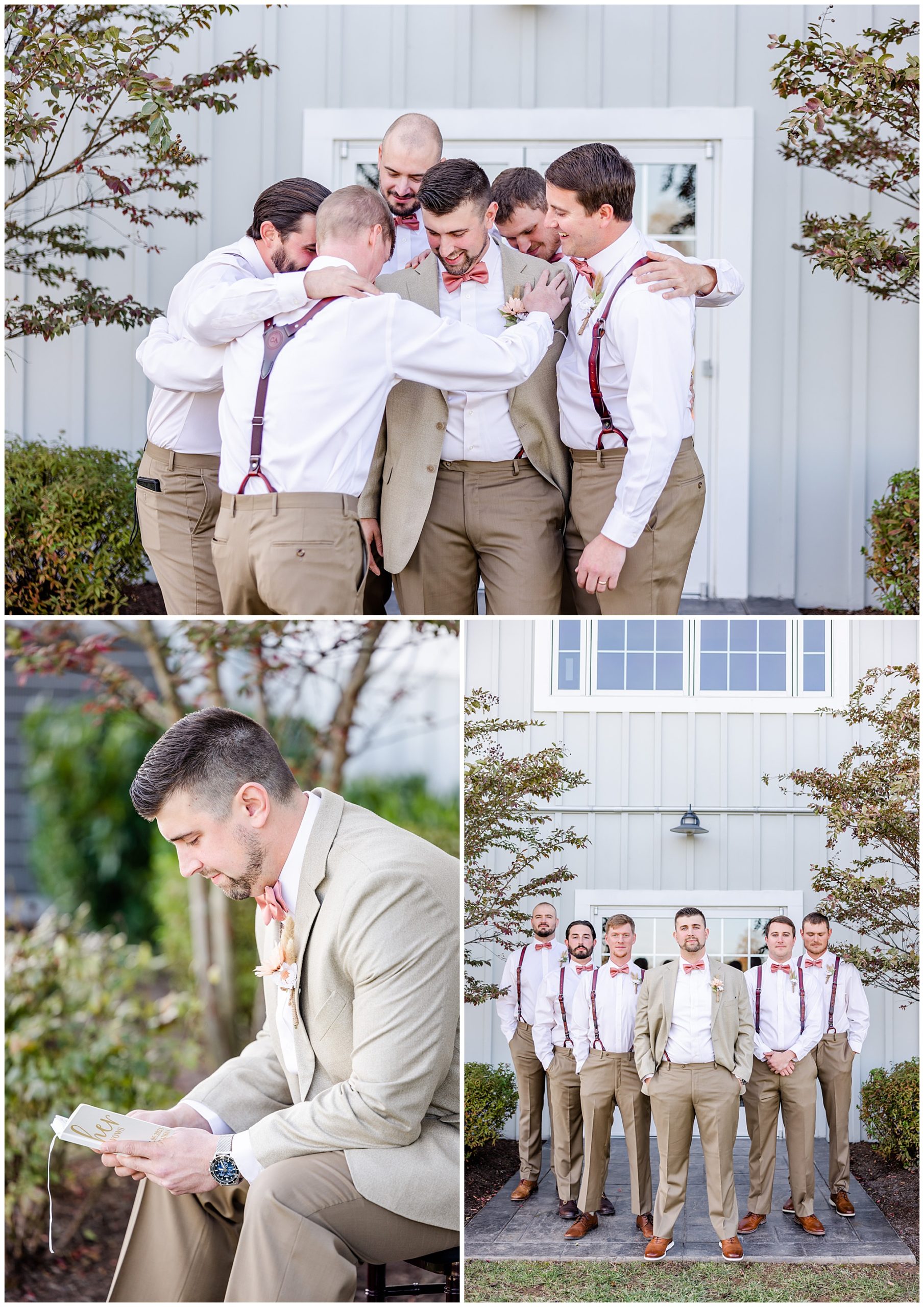 fall colors Middleburg Virginia wedding, Middleburg wedding, Middleburg wedding photographer, Loudoun County wedding photographer, northern Virginia wedding photographer, Middleburg Barn wedding, autumn wedding aesthetic, barn wedding aesthetic, elegant barn wedding, DC wedding photographer, Rachel E.H. Photography, groomsmen huddling around groom, groom reading vows booklet, groom and groomsmen standing in triangle