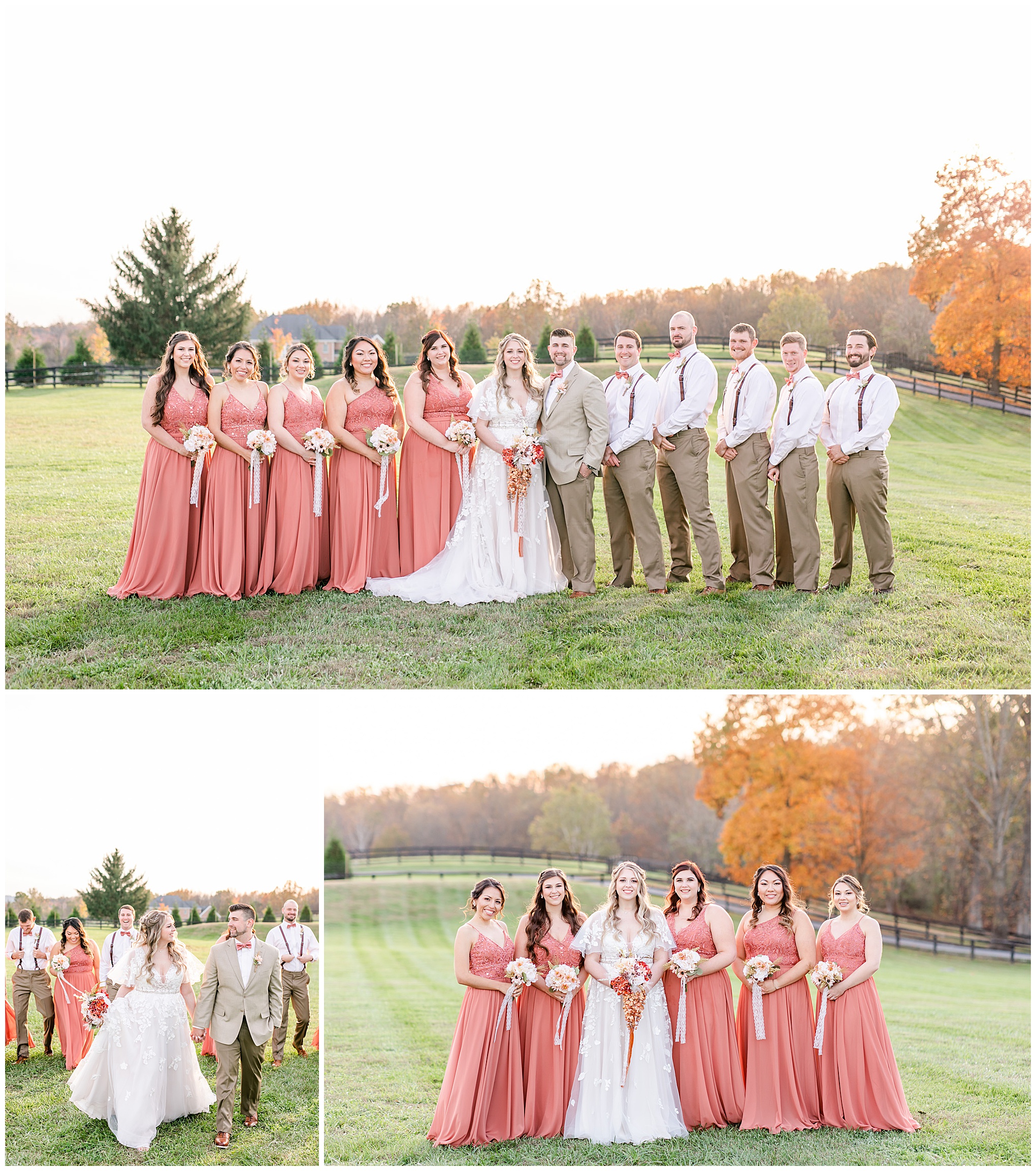fall colors Middleburg Virginia wedding, Middleburg wedding, Middleburg wedding photographer, Loudoun County wedding photographer, northern Virginia wedding photographer, Middleburg Barn wedding, autumn wedding aesthetic, barn wedding aesthetic, elegant barn wedding, DC wedding photographer, Rachel E.H. Photography, bride and groom with wedding party, bride with bridesmaids, bride and groom holding hands
