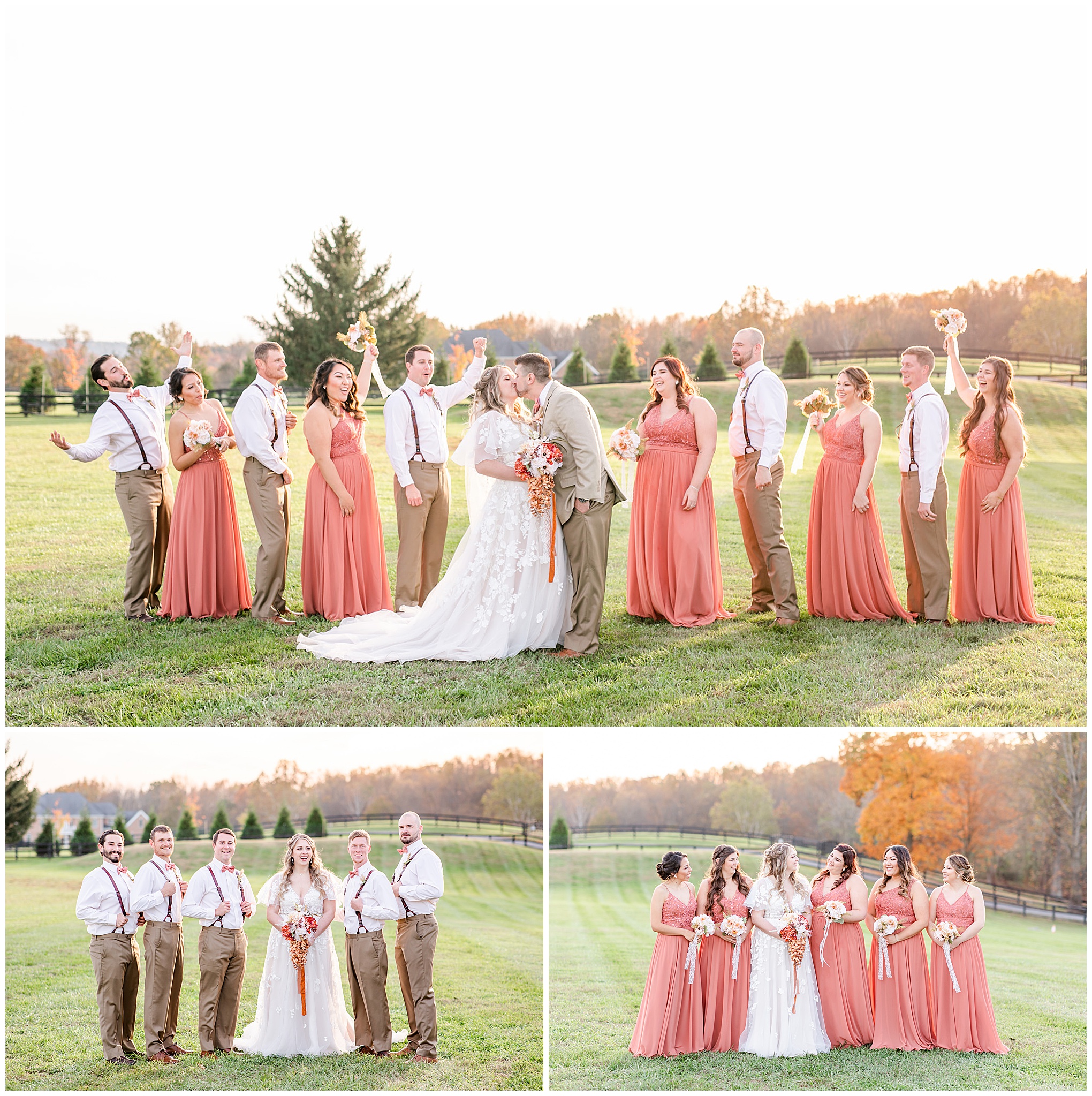 fall colors Middleburg Virginia wedding, Middleburg wedding, Middleburg wedding photographer, Loudoun County wedding photographer, northern Virginia wedding photographer, Middleburg Barn wedding, autumn wedding aesthetic, barn wedding aesthetic, elegant barn wedding, DC wedding photographer, Rachel E.H. Photography, bride and groom kissing, wedding party celebrating, bride with groomsmen, bride with bridesmaids, Kennedy Blue bridesmaids dresses