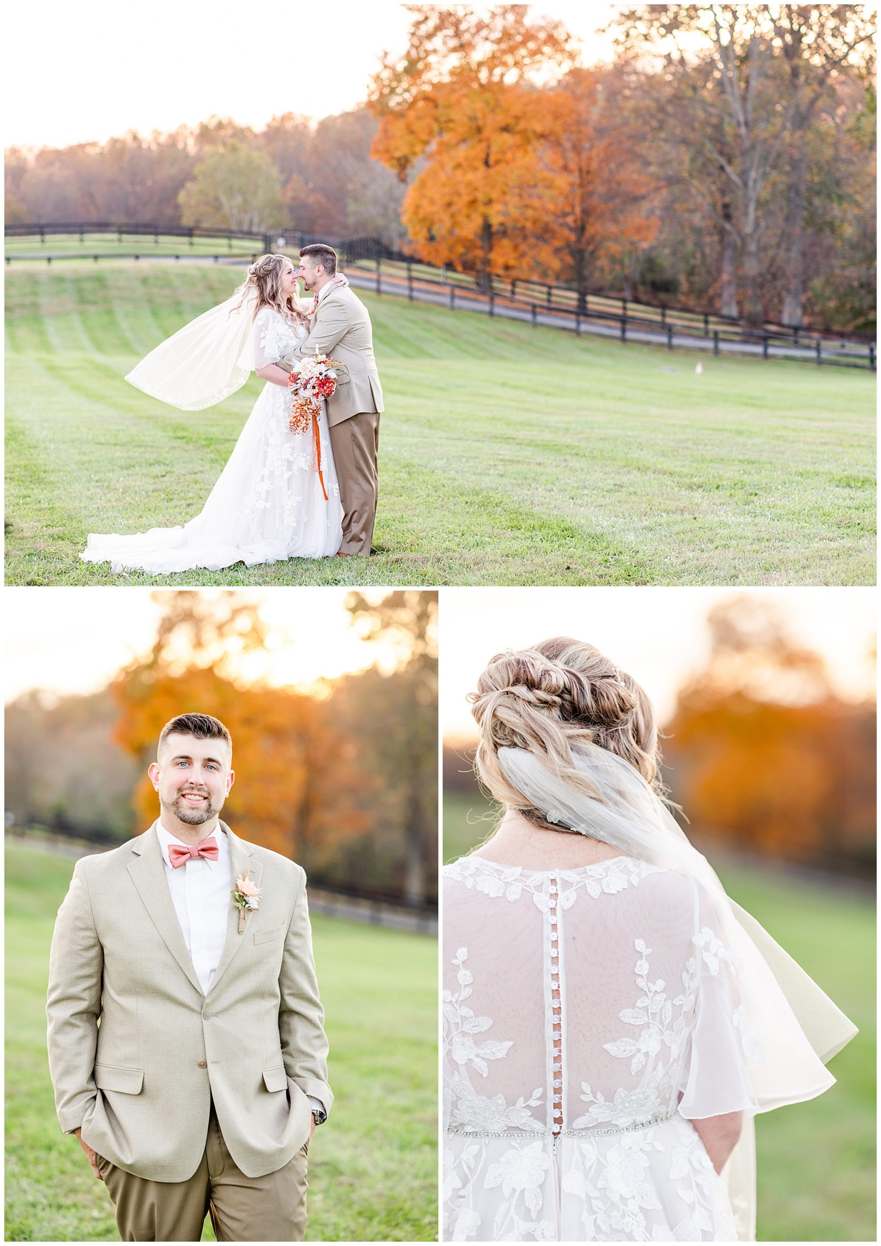 fall colors Middleburg Virginia wedding, Middleburg wedding, Middleburg wedding photographer, Loudoun County wedding photographer, northern Virginia wedding photographer, Middleburg Barn wedding, autumn wedding aesthetic, barn wedding aesthetic, elegant barn wedding, DC wedding photographer, Rachel E.H. Photography, bride and groom almost kissing in field, back of brides dress