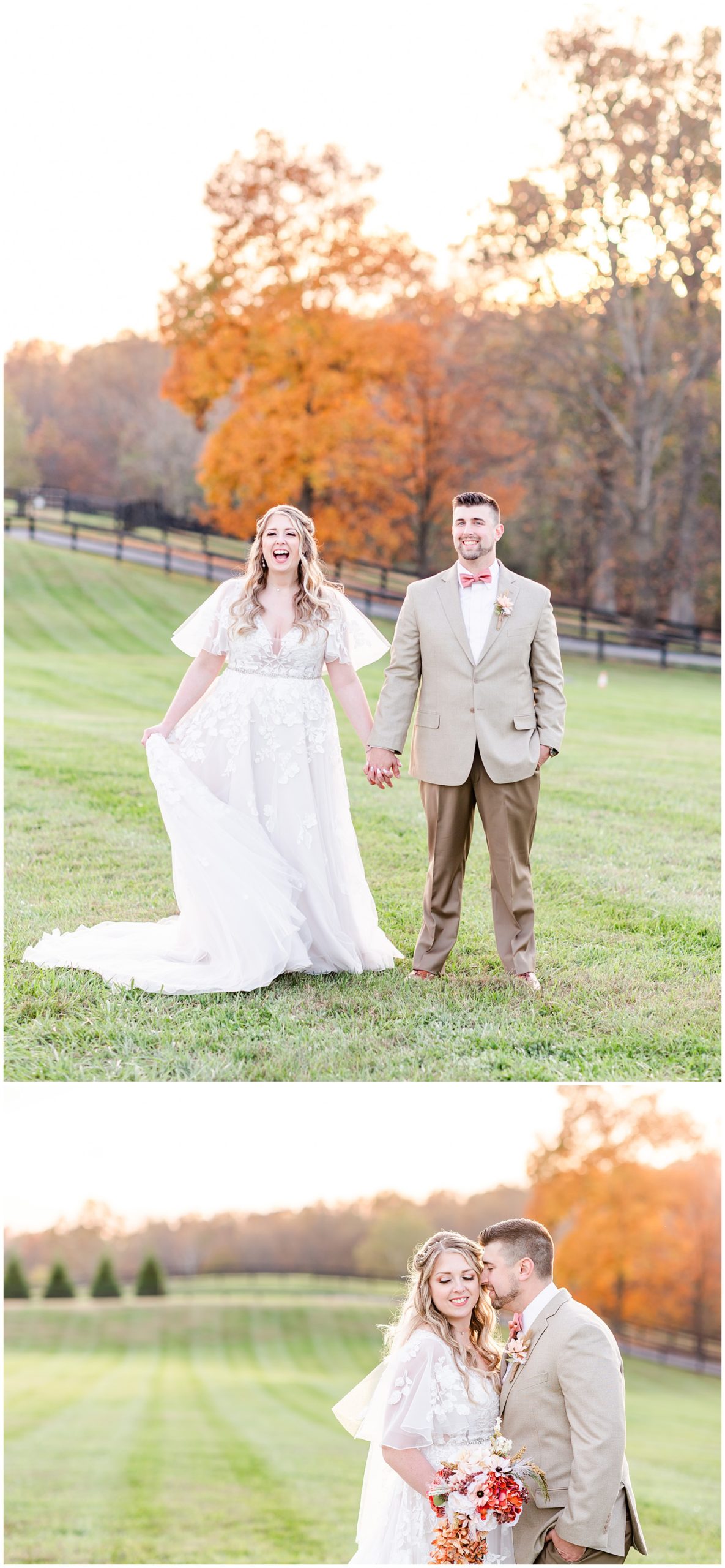 fall colors Middleburg Virginia wedding, Middleburg wedding, Middleburg wedding photographer, Loudoun County wedding photographer, northern Virginia wedding photographer, Middleburg Barn wedding, autumn wedding aesthetic, barn wedding aesthetic, elegant barn wedding, DC wedding photographer, Rachel E.H. Photography, bride and groom laughing, groom kissing bride on cheek, bride and groom in field 