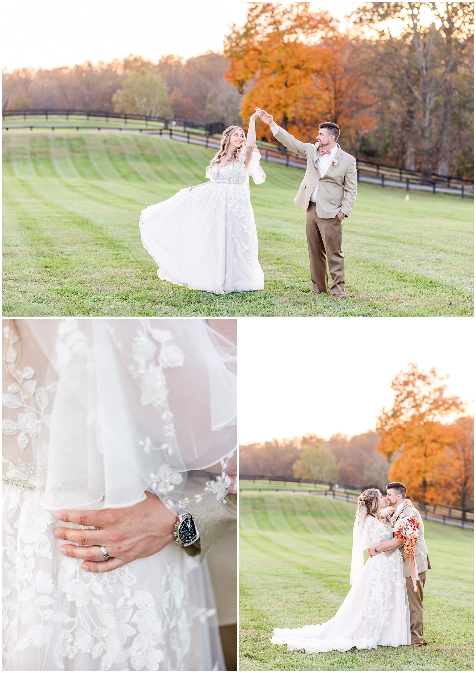 fall colors Middleburg Virginia wedding, Middleburg wedding, Middleburg wedding photographer, Loudoun County wedding photographer, northern Virginia wedding photographer, Middleburg Barn wedding, autumn wedding aesthetic, barn wedding aesthetic, elegant barn wedding, DC wedding photographer, Rachel E.H. Photography, groom spinning bride, grooms hand on brides waist, bride and groom almost kissing in field 