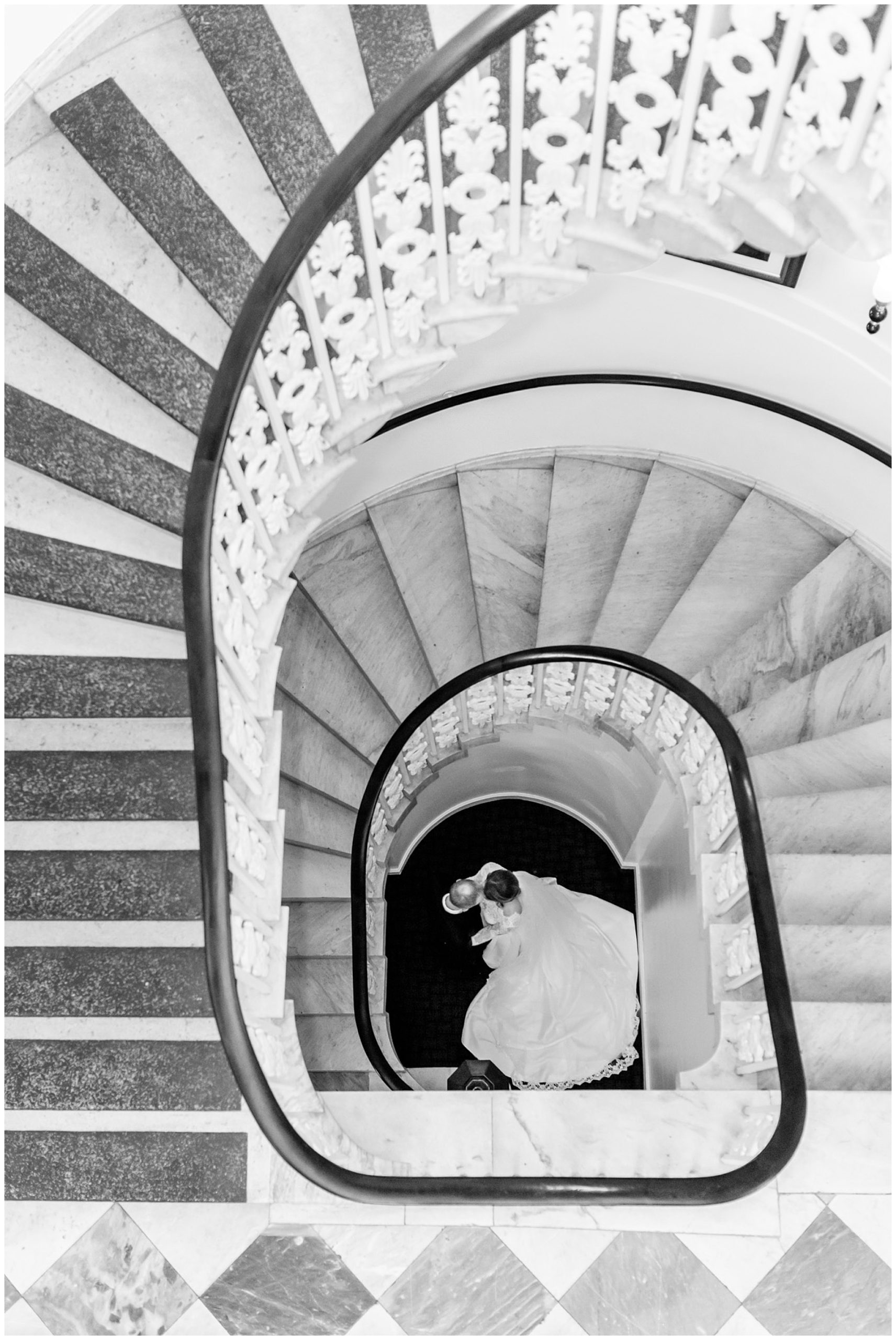 Hotel Monaco DC winter wedding, Washington DC wedding, Washington DC wedding photographer, DC hotel wedding, DC ballroom wedding, indoor wedding, winter aesthetic wedding, winter whites wedding, winter wedding aesthetic, subtle blues wedding, elegant DC wedding, classic DC wedding, Rachel E.H. Photography, black and white, bride and groom at bottom of spiral staircase