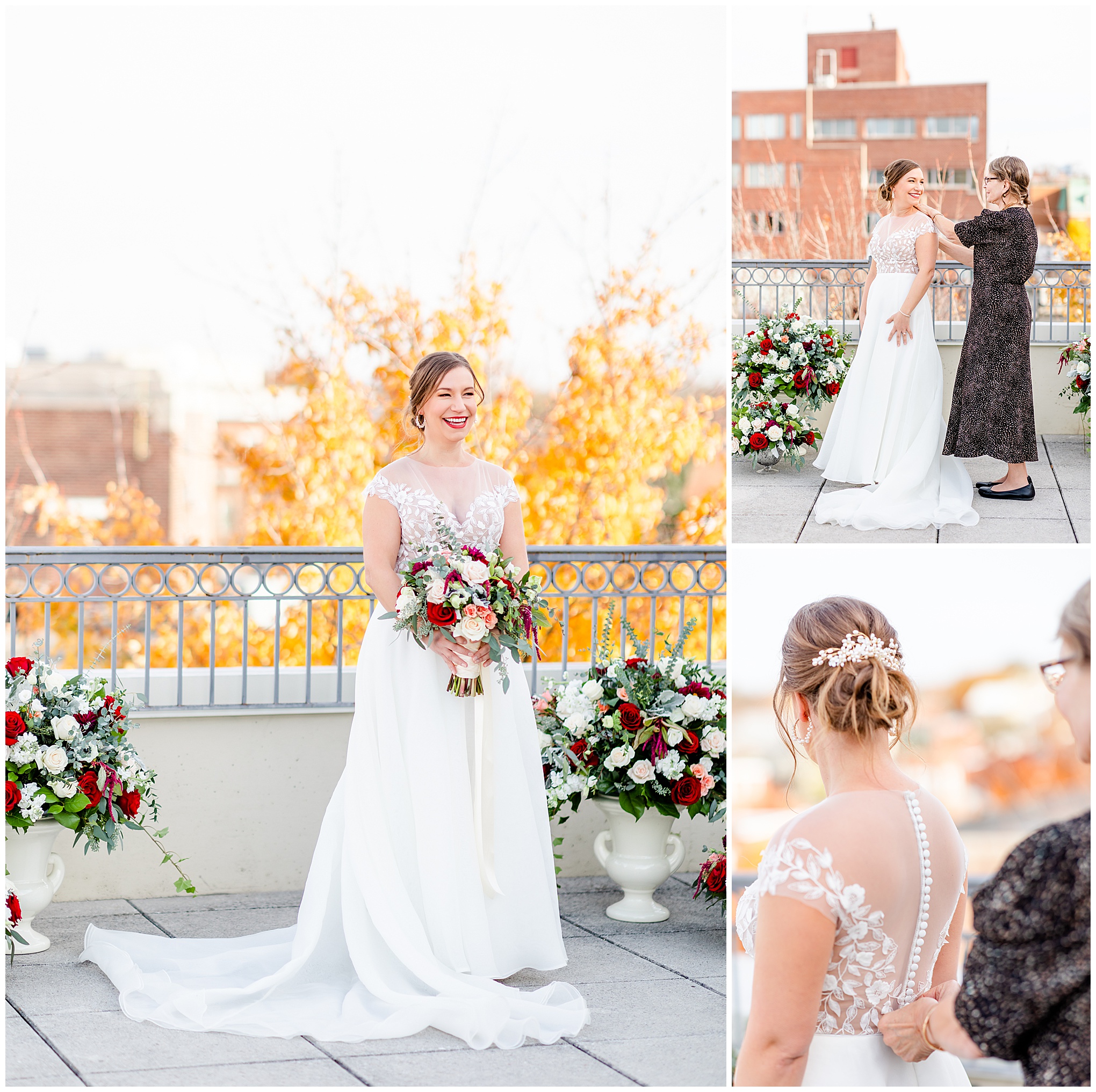 Lorien Alexandria winter wedding, Old Town Alexandria wedding, Alexandria Virginia wedding, DC micro wedding, northern Virginia wedding photographer, Alexandria Virginia wedding photographer, DC wedding photographer, winter wedding aesthetic, Rachel E.H. Photography, mother of bride helping bride, bride with bouquet on rooftop