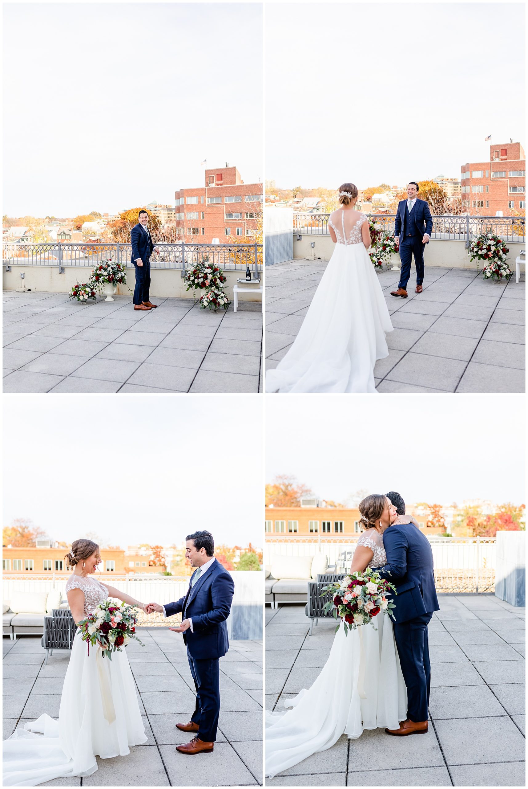 Lorien Alexandria winter wedding, Old Town Alexandria wedding, Alexandria Virginia wedding, DC micro wedding, northern Virginia wedding photographer, Alexandria Virginia wedding photographer, DC wedding photographer, winter wedding aesthetic, Rachel E.H. Photography, bride and groom doing first look, groom standing on rooftop