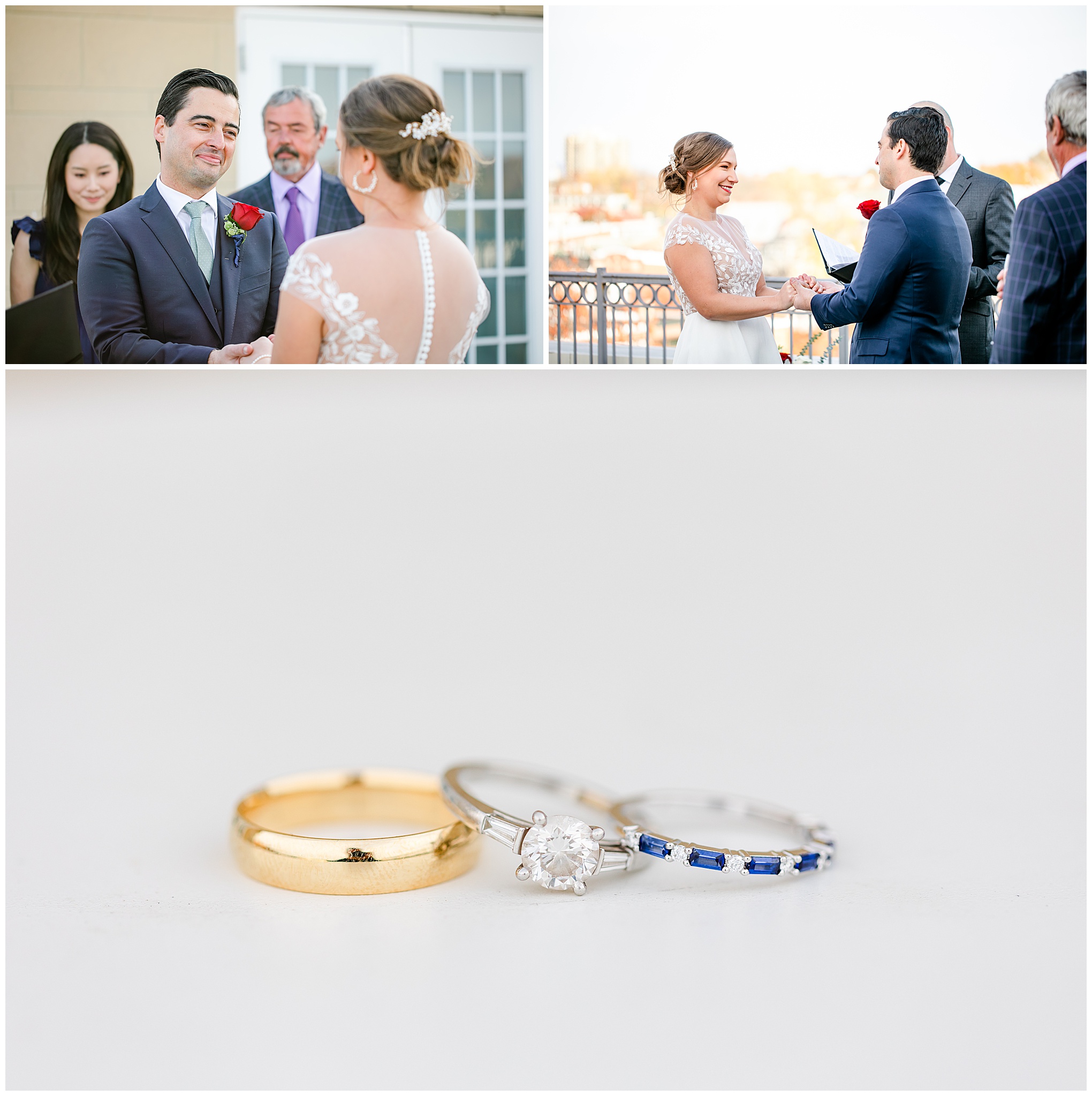 Lorien Alexandria winter wedding, Old Town Alexandria wedding, Alexandria Virginia wedding, DC micro wedding, northern Virginia wedding photographer, Alexandria Virginia wedding photographer, DC wedding photographer, winter wedding aesthetic, Rachel E.H. Photography, blue gold and silver wedding rings, bride and groom looking at each other at alter