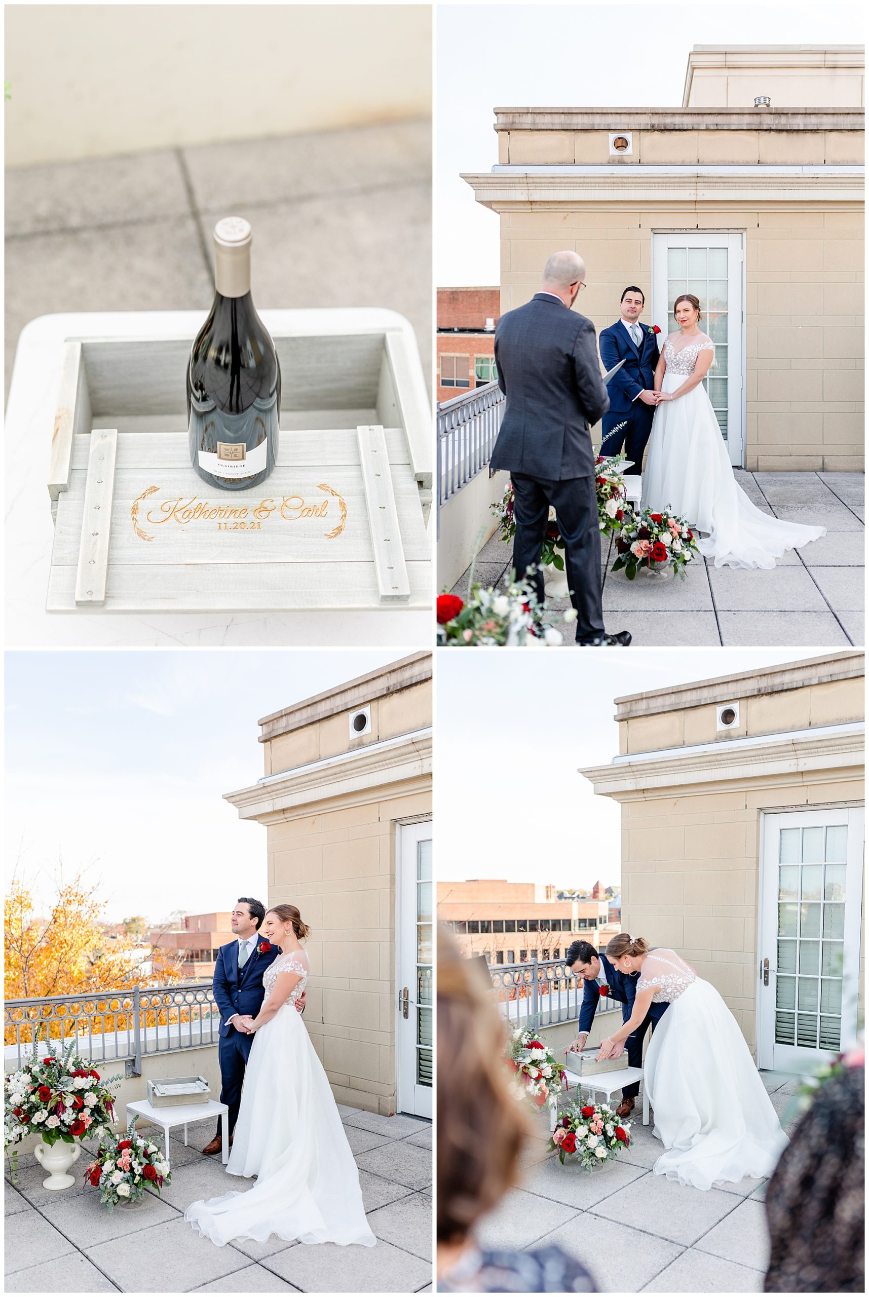 Lorien Alexandria winter wedding, Old Town Alexandria wedding, Alexandria Virginia wedding, DC micro wedding, northern Virginia wedding photographer, Alexandria Virginia wedding photographer, DC wedding photographer, winter wedding aesthetic, Rachel E.H. Photography, couple opening box with wine bottle, couple on rooftop