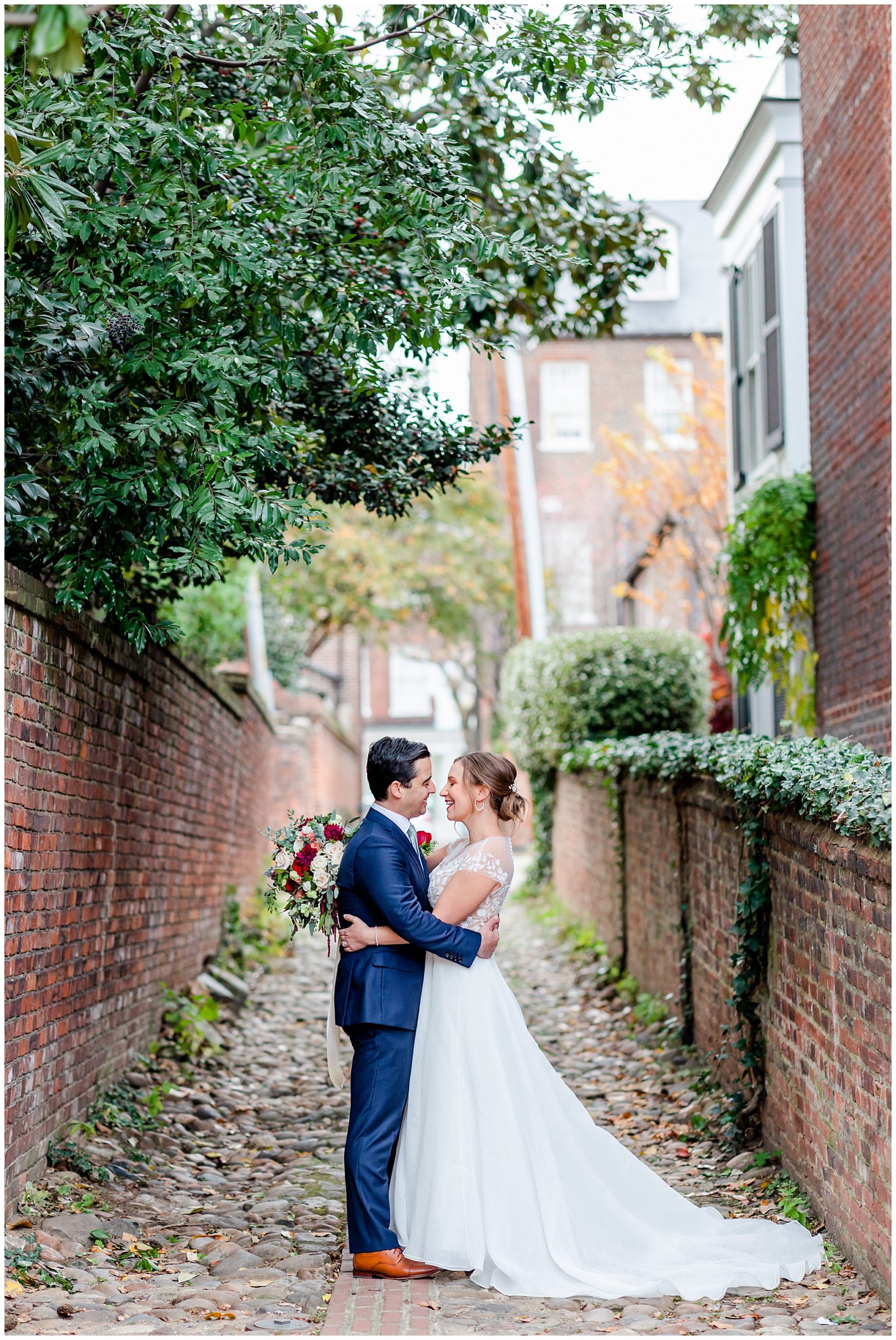 Lorien Alexandria winter wedding, Old Town Alexandria wedding, Alexandria Virginia wedding, DC micro wedding, northern Virginia wedding photographer, Alexandria Virginia wedding photographer, DC wedding photographer, winter wedding aesthetic, Rachel E.H. Photography, bride and groom holding each other, bride and groom in alleyway