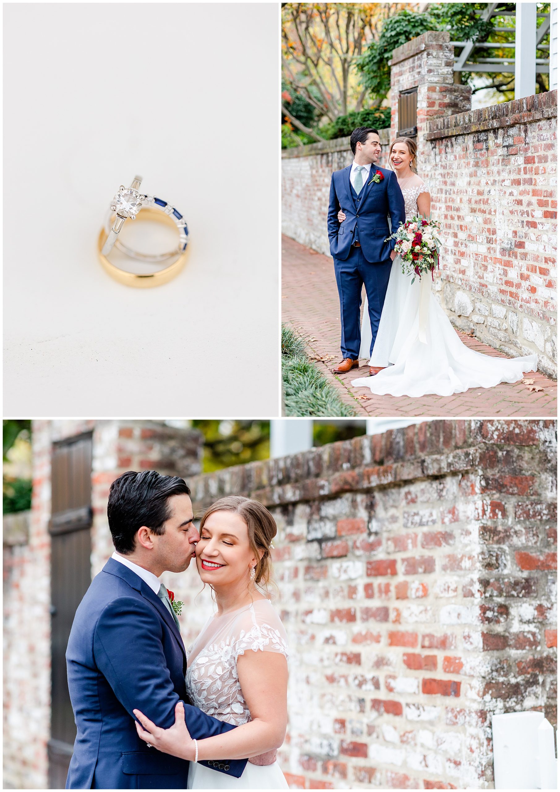 Lorien Alexandria winter wedding, Old Town Alexandria wedding, Alexandria Virginia wedding, DC micro wedding, northern Virginia wedding photographer, Alexandria Virginia wedding photographer, DC wedding photographer, winter wedding aesthetic, Rachel E.H. Photography, blue silver and gold wedding rings, groom kissing bride on cheek
