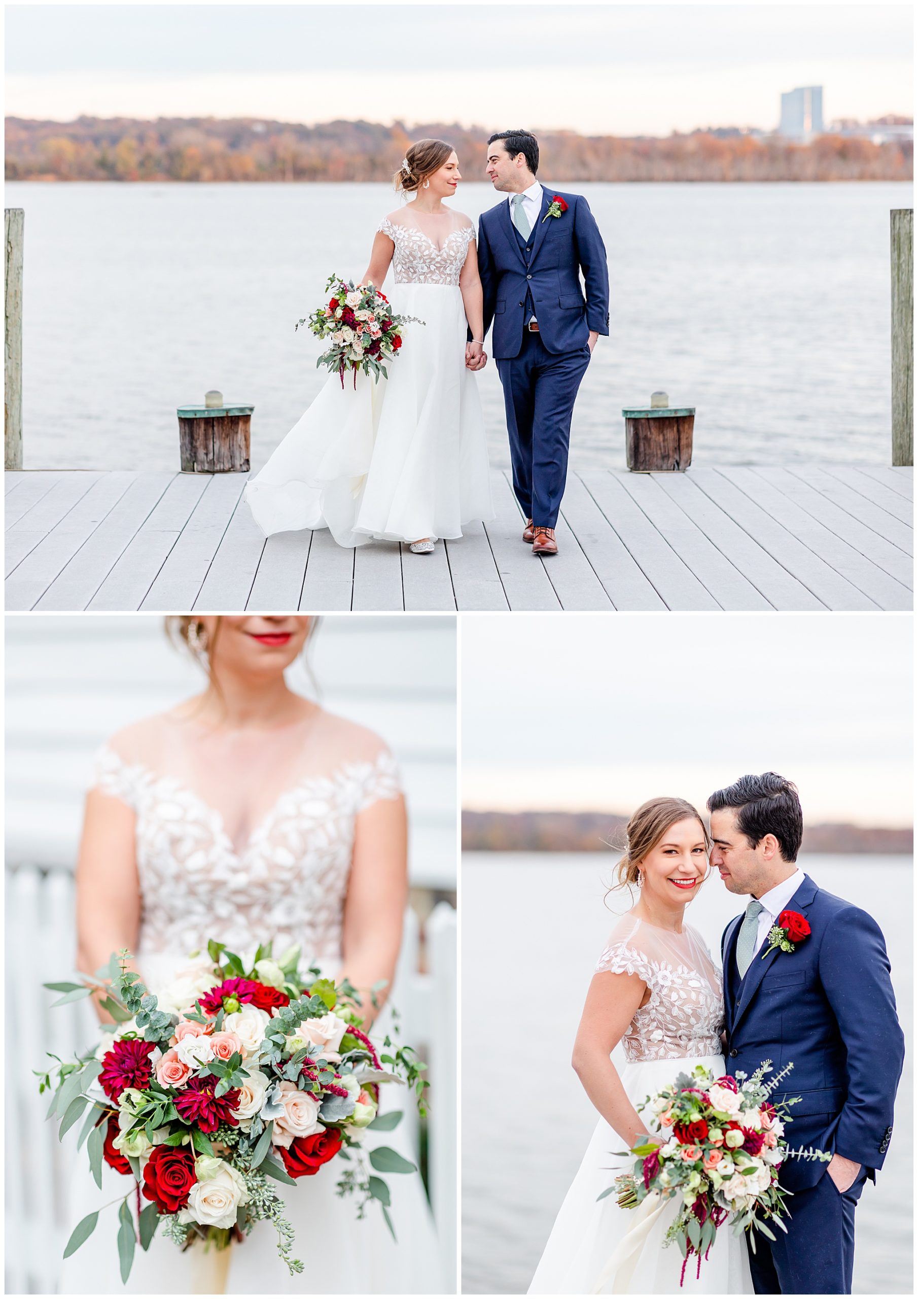 Lorien Alexandria winter wedding, Old Town Alexandria wedding, Alexandria Virginia wedding, DC micro wedding, northern Virginia wedding photographer, Alexandria Virginia wedding photographer, DC wedding photographer, winter wedding aesthetic, Rachel E.H. Photography, bride and groom holding hands on dock, bride holding bouquet in front of water