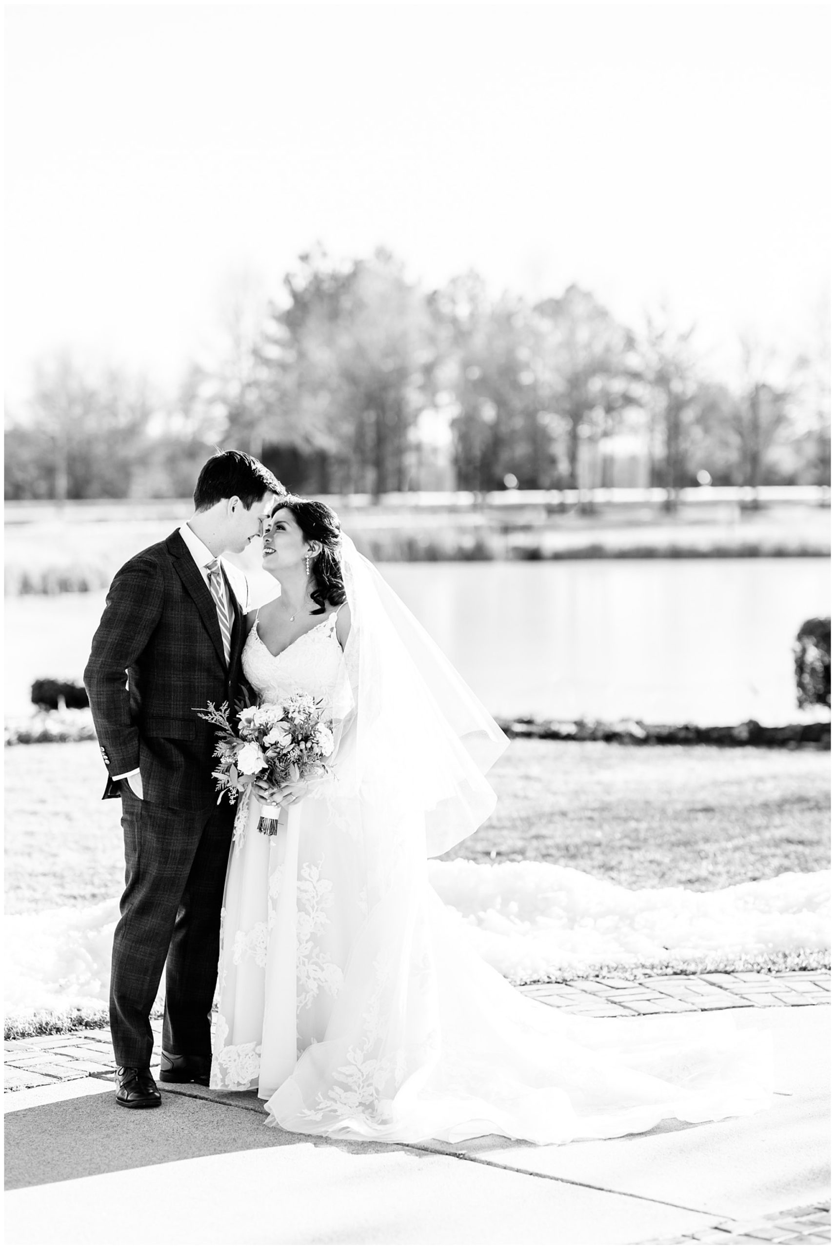 Regency at Dominion Valley wedding, Virginia country club wedding, Haymarket Virginia wedding, northern Virginia wedding, winter wedding, winter wedding aesthetic, DC micro wedding, northern Virginia wedding venues, classic winter wedding, Rachel E.H. Photography, black and white, bride and groom almost kissing