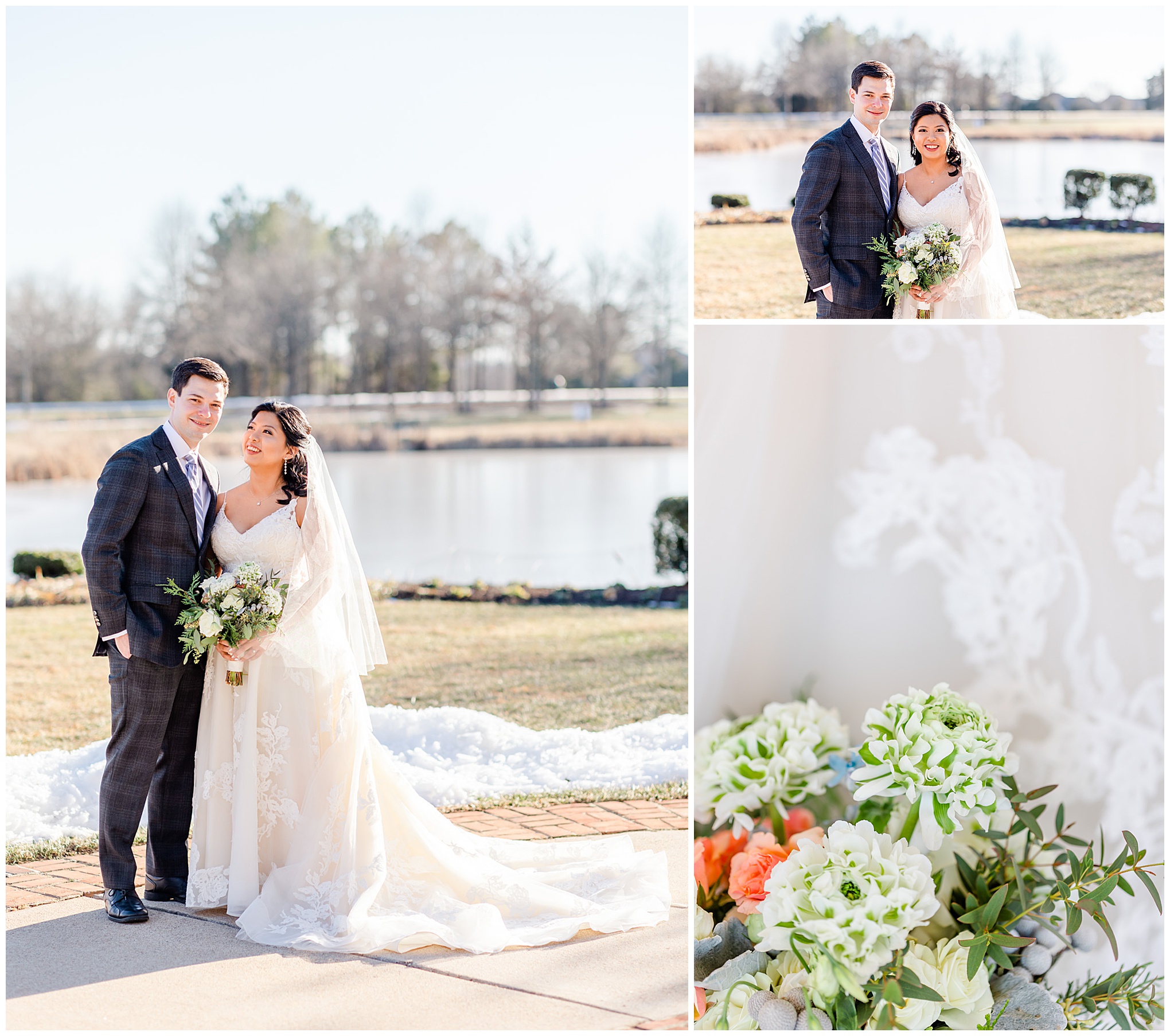 Regency at Dominion Valley wedding, Virginia country club wedding, Haymarket Virginia wedding, northern Virginia wedding, winter wedding, winter wedding aesthetic, DC micro wedding, northern Virginia wedding venues, classic winter wedding, Rachel E.H. Photography, wedding bouquet by Company Flowers, bride and groom smiling in snow