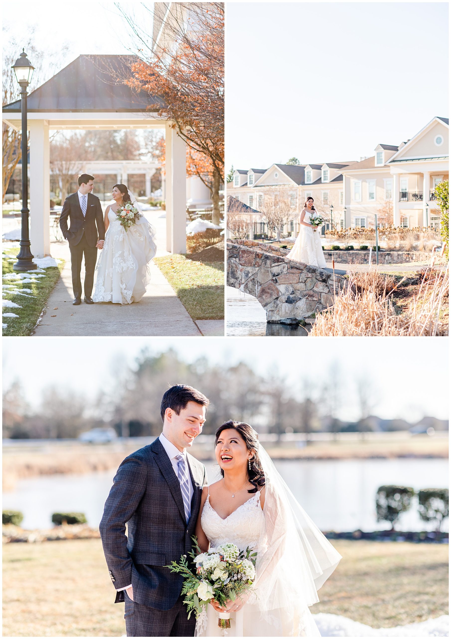 Regency at Dominion Valley wedding, Virginia country club wedding, Haymarket Virginia wedding, northern Virginia wedding, winter wedding, winter wedding aesthetic, DC micro wedding, northern Virginia wedding venues, classic winter wedding, Rachel E.H. Photography, acinda Mosby - Bridal Artistry DC, bride and groom on stone bridge, bride and groom holding hands and walking