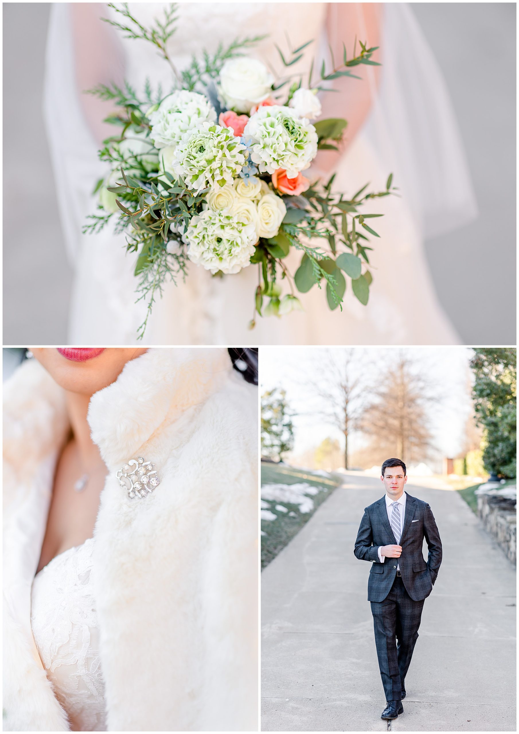 Regency at Dominion Valley wedding, Virginia country club wedding, Haymarket Virginia wedding, northern Virginia wedding, winter wedding, winter wedding aesthetic, DC micro wedding, northern Virginia wedding venues, classic winter wedding, Rachel E.H. Photography, Company Flowers wedding bouquet, bride in white fur coat, groom holding tie