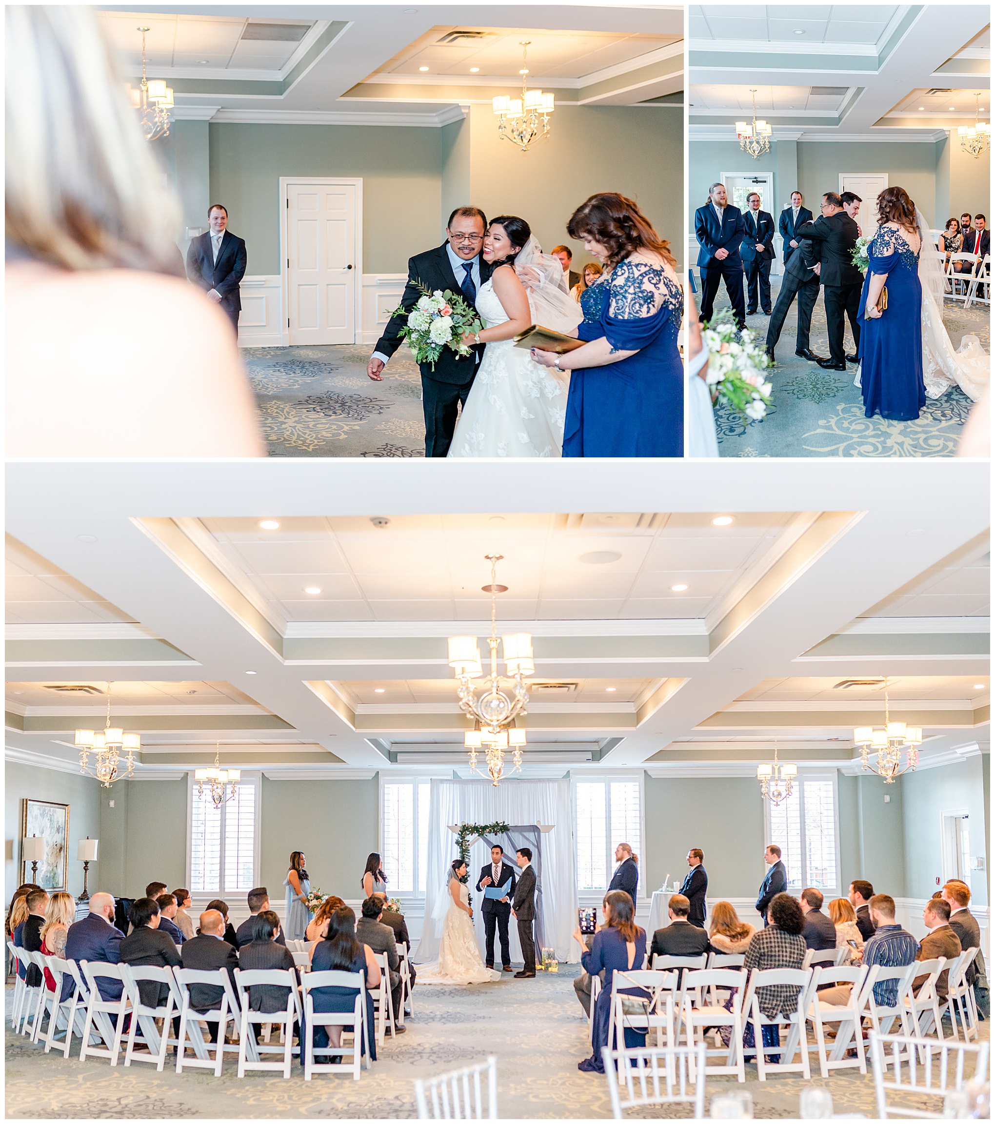 Regency at Dominion Valley wedding, Virginia country club wedding, Haymarket Virginia wedding, northern Virginia wedding, winter wedding, winter wedding aesthetic, DC micro wedding, northern Virginia wedding venues, classic winter wedding, Rachel E.H. Photography, bride walking down aisle, bride walking with parents