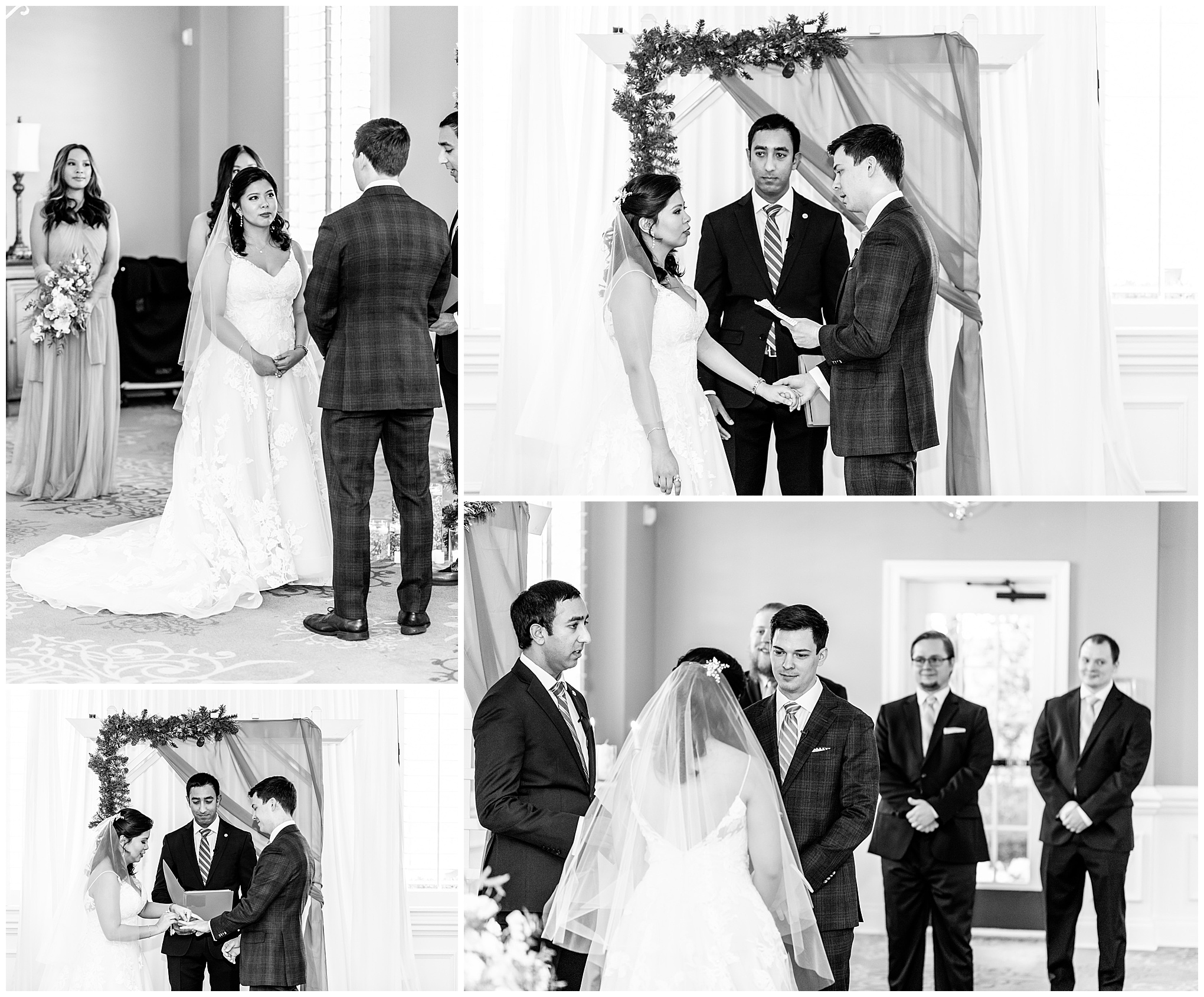 Regency at Dominion Valley wedding, Virginia country club wedding, Haymarket Virginia wedding, northern Virginia wedding, winter wedding, winter wedding aesthetic, DC micro wedding, northern Virginia wedding venues, classic winter wedding, Rachel E.H. Photography, black and white, groom reading vows, bride and groom putting on rings