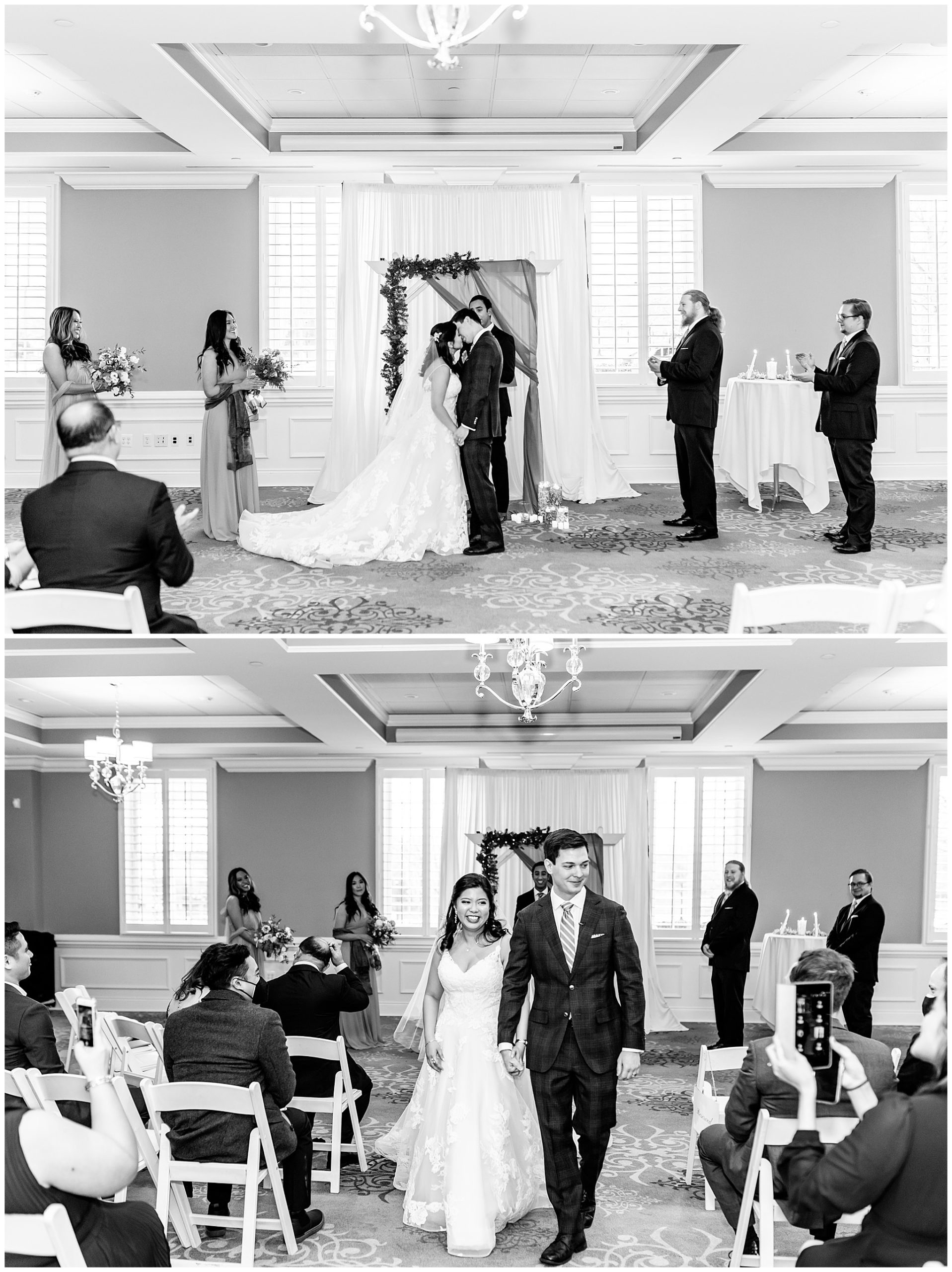 Regency at Dominion Valley wedding, Virginia country club wedding, Haymarket Virginia wedding, northern Virginia wedding, winter wedding, winter wedding aesthetic, DC micro wedding, northern Virginia wedding venues, classic winter wedding, Rachel E.H. Photography, Simer, black and white, bride and groom kissing at alter, bride and groom walking down aisle