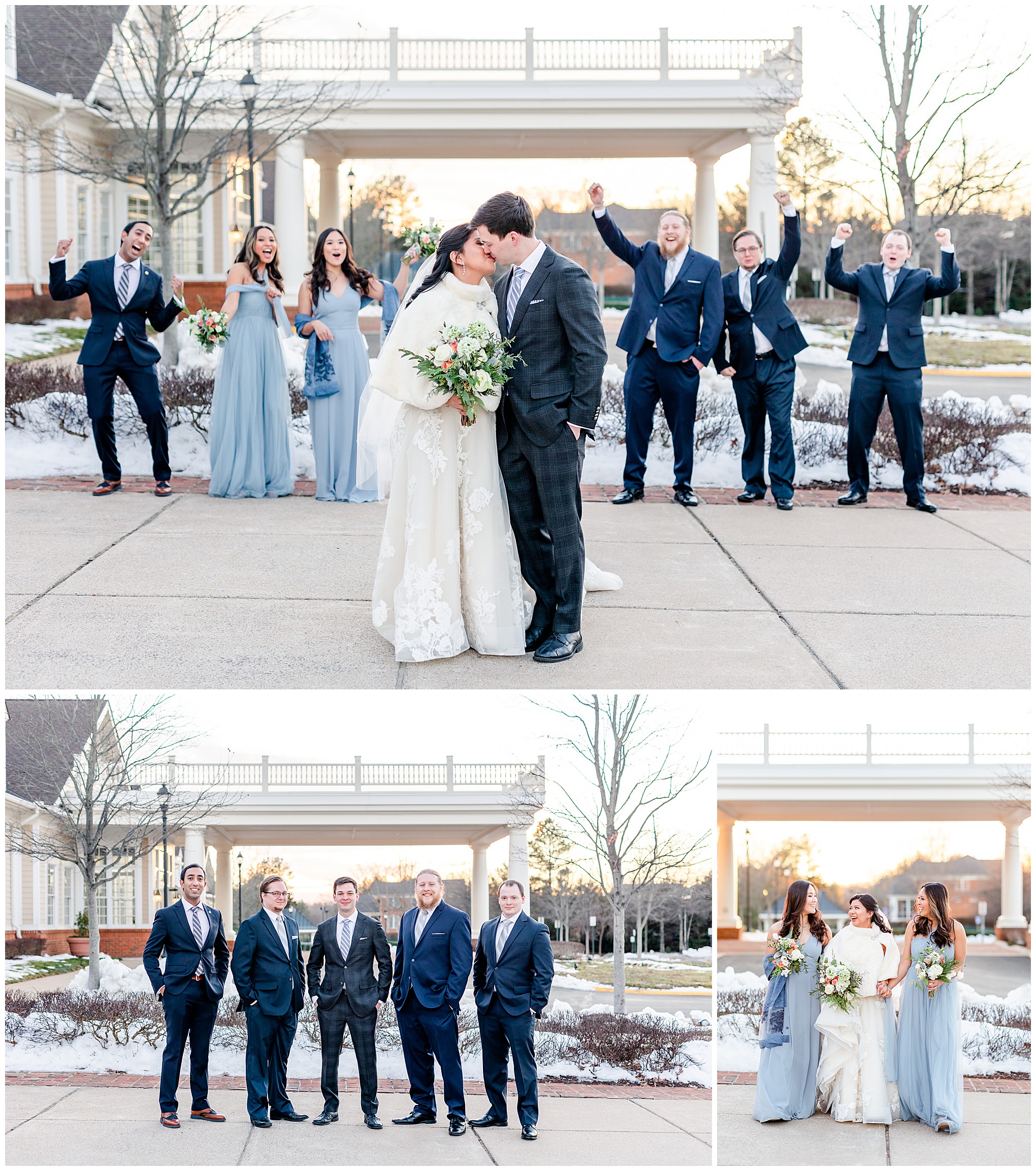 Regency at Dominion Valley wedding, Virginia country club wedding, Haymarket Virginia wedding, northern Virginia wedding, winter wedding, winter wedding aesthetic, DC micro wedding, northern Virginia wedding venues, classic winter wedding, Rachel E.H. Photography, bride and groom kissing in front of wedding party cheering
