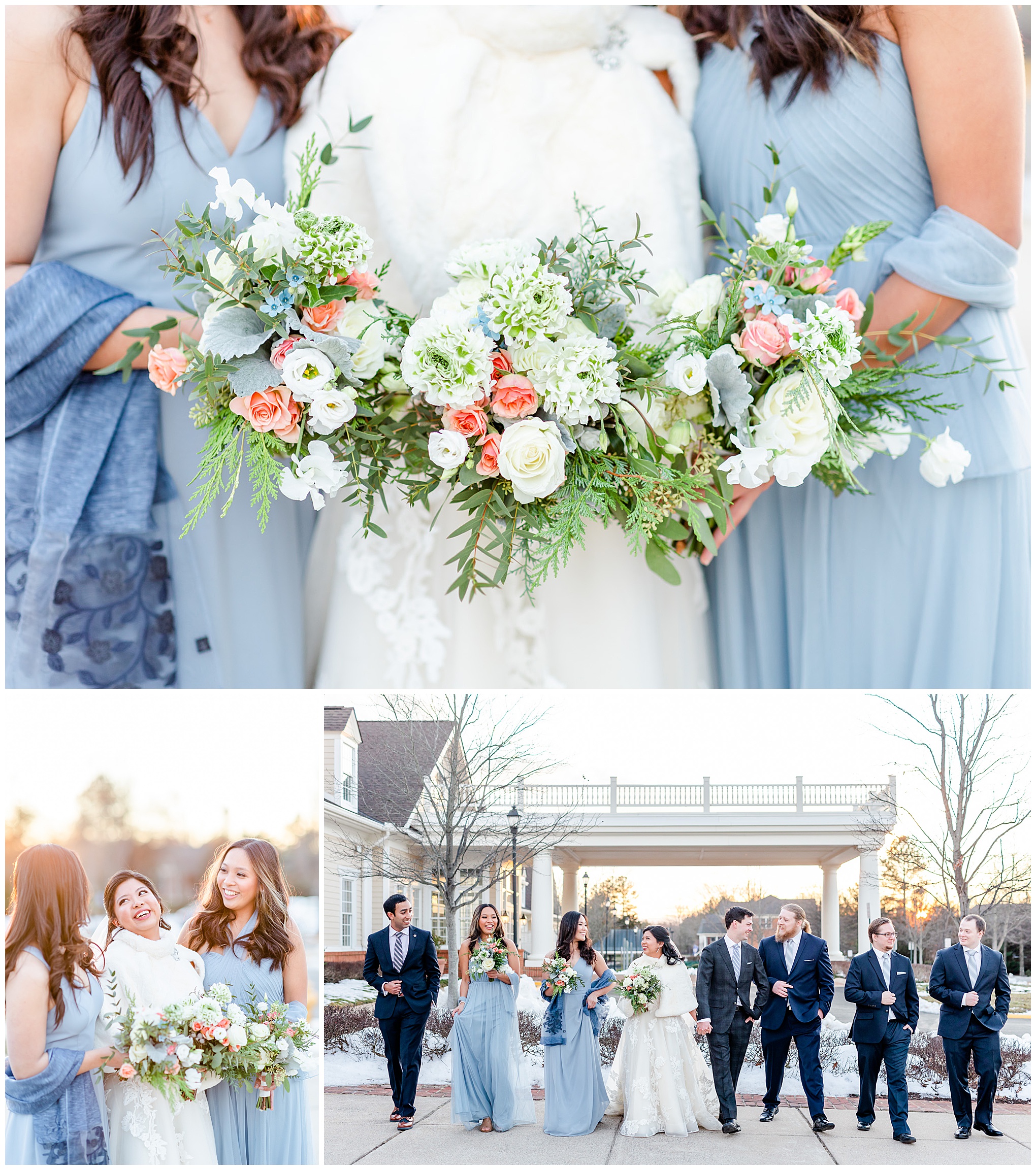 Regency at Dominion Valley wedding, Virginia country club wedding, Haymarket Virginia wedding, northern Virginia wedding, winter wedding, winter wedding aesthetic, DC micro wedding, northern Virginia wedding venues, classic winter wedding, Rachel E.H. Photography, acinda Mosby - Bridal Artistry DC, bride holding bouquets with bridesmaids, bride and groom linking arms with wedding party