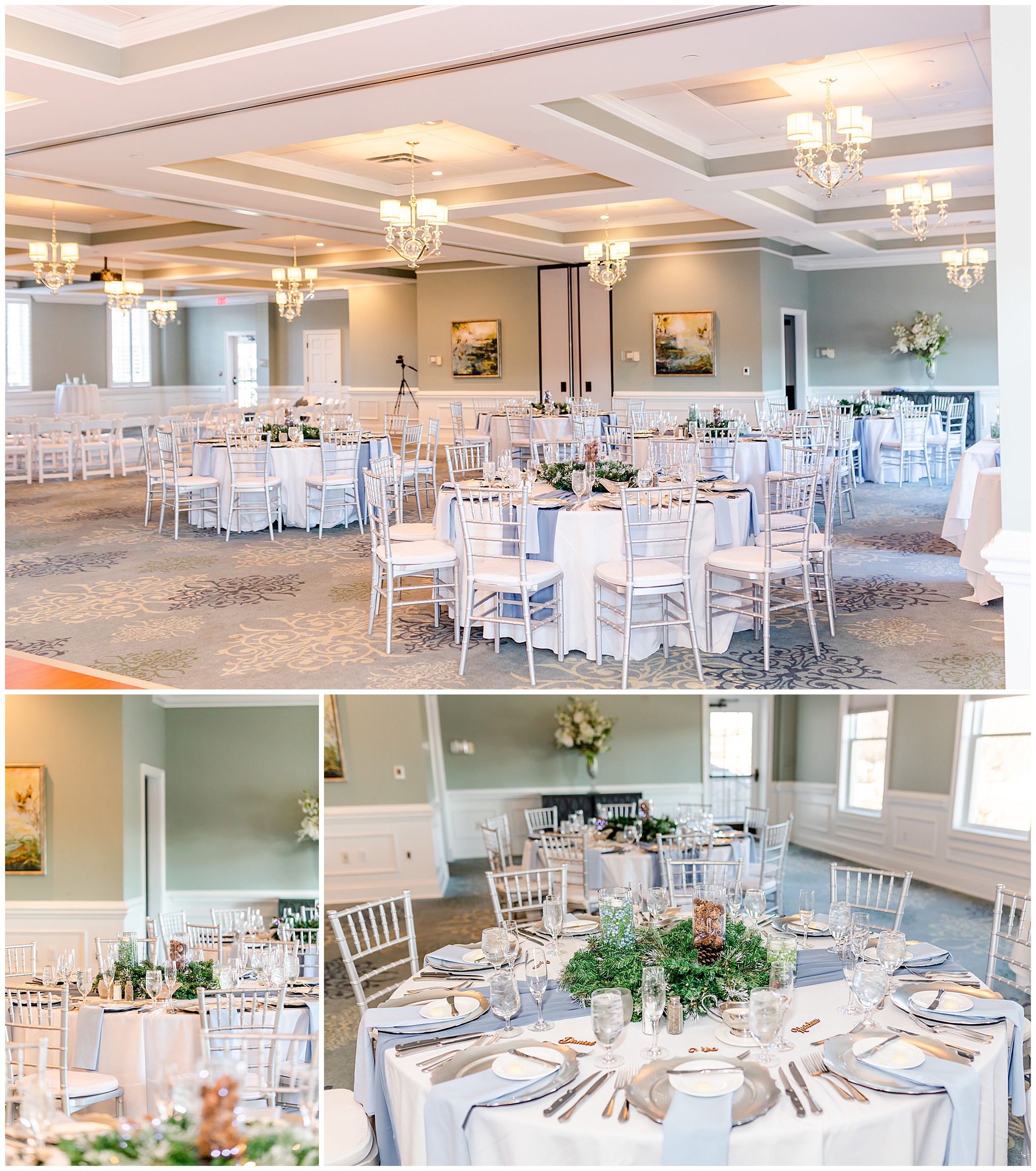 Regency at Dominion Valley wedding, Virginia country club wedding, Haymarket Virginia wedding, northern Virginia wedding, winter wedding, winter wedding aesthetic, DC micro wedding, northern Virginia wedding venues, classic winter wedding, Rachel E.H. Photography, wedding venue, pinecone centerpieces, white round tables