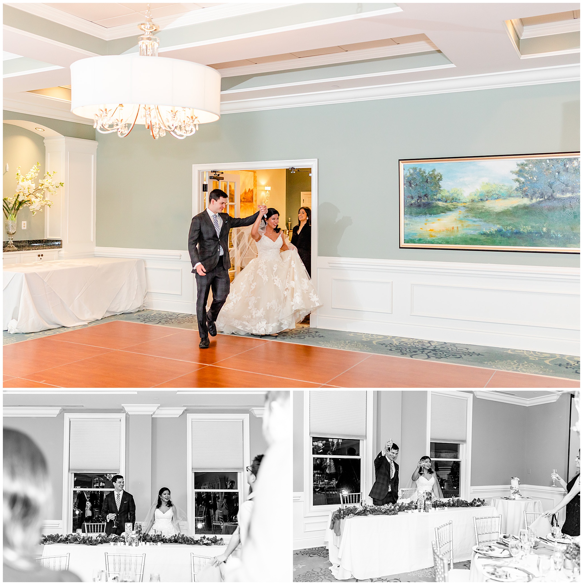 Regency at Dominion Valley wedding, Virginia country club wedding, Haymarket Virginia wedding, northern Virginia wedding, winter wedding, winter wedding aesthetic, DC micro wedding, northern Virginia wedding venues, classic winter wedding, Rachel E.H. Photography, bride and groom entering wedding reception, black and white