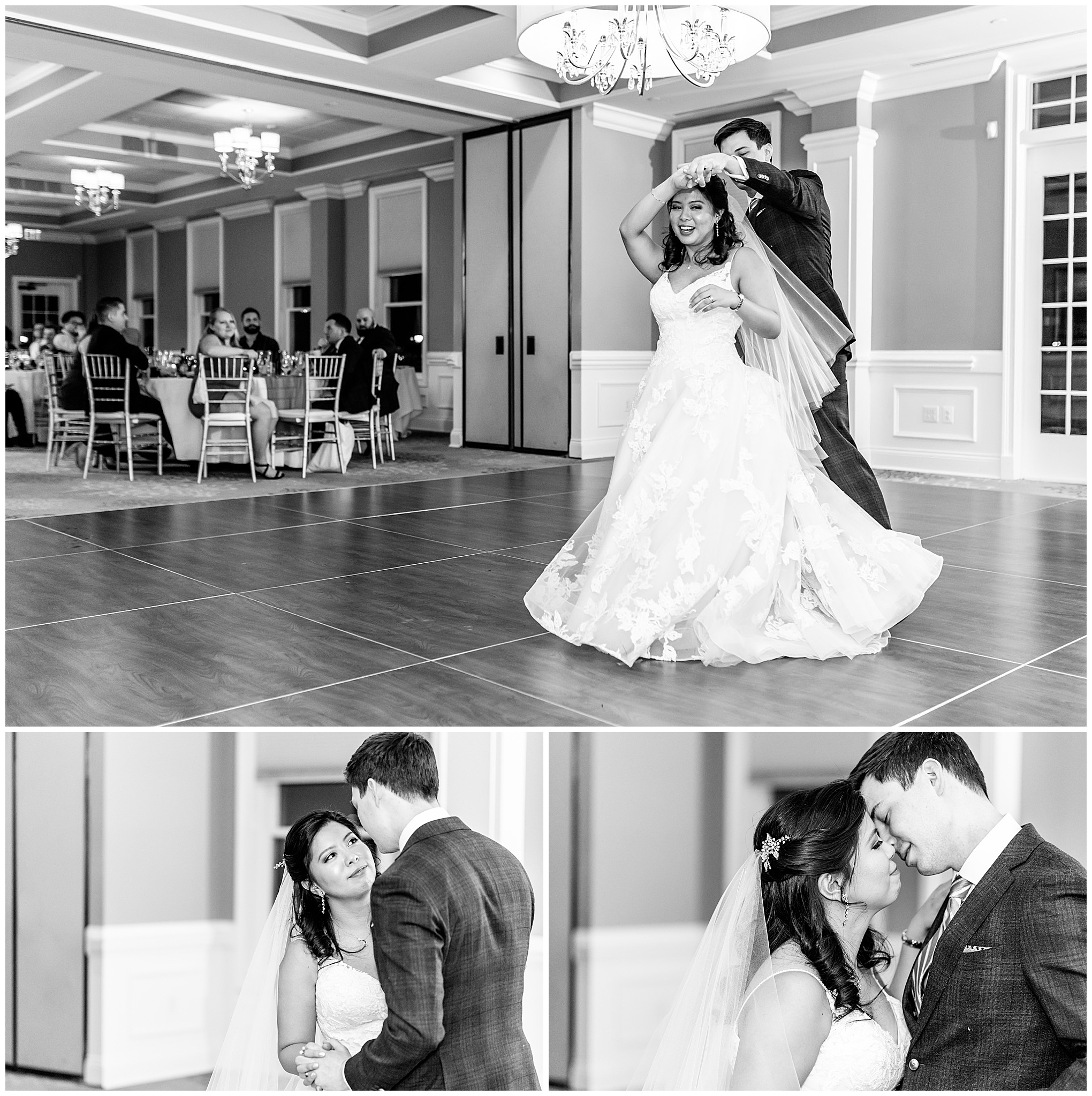 Regency at Dominion Valley wedding, Virginia country club wedding, Haymarket Virginia wedding, northern Virginia wedding, winter wedding, winter wedding aesthetic, DC micro wedding, northern Virginia wedding venues, classic winter wedding, Rachel E.H. Photography, bride and groom doing first dance, bride and groom kissing on dance floor