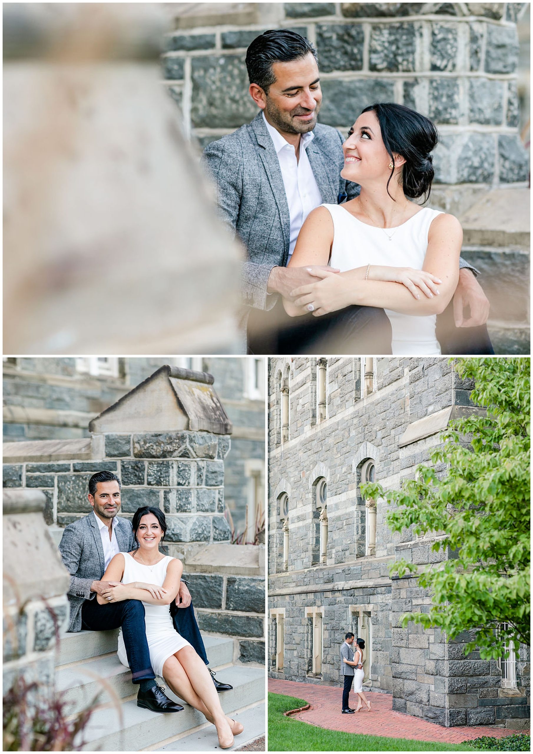 classic Georgetown engagement photos, Washington DC engagement photos, DC engagement photographer, Washington DC wedding photographer, classic engagement photos, white body con dress, semi-formal engagement photos, summer portraits, DC portraits, Rachel E.H. Photography, couple sitting on steps