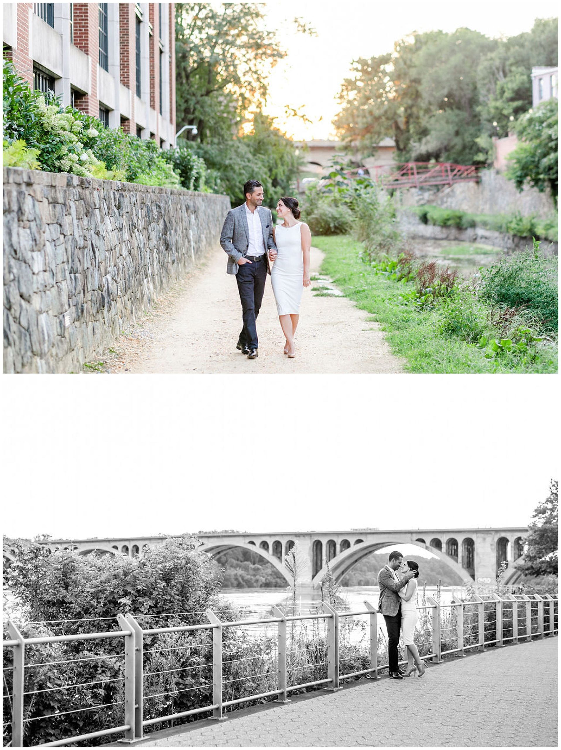 classic Georgetown engagement photos, Washington DC engagement photos, DC engagement photographer, Washington DC wedding photographer, classic engagement photos, white body con dress, semi-formal engagement photos, summer portraits, DC portraits, Rachel E.H. Photography, couple in front of bridge