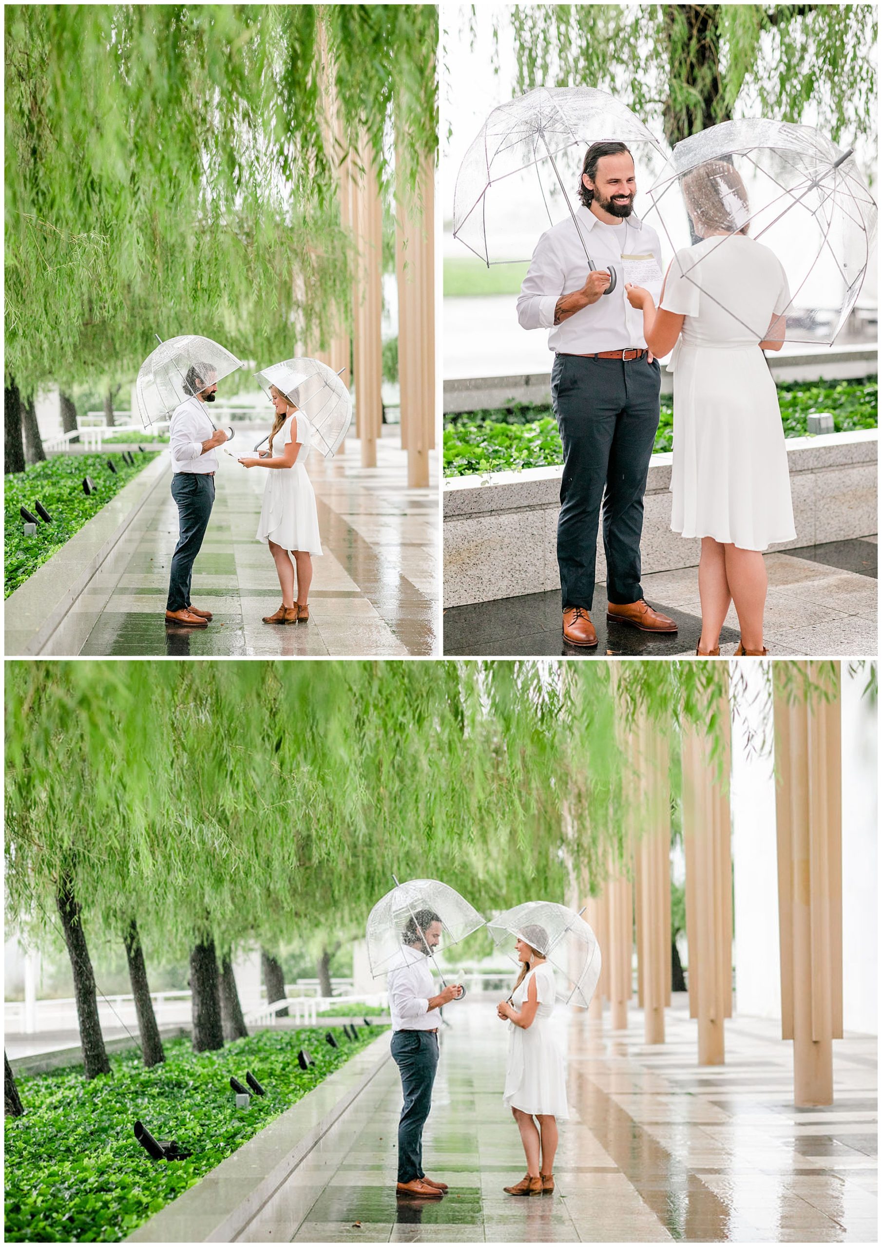 rainy Kennedy Center elopement, DC elopement, rainy day portraits, rainy elopement, rainy engagement photos, playing in the rain, Washington DC wedding photographer, DC wedding photography, playful portraits, boho couple, dancing in the rain, Rachel E.H. Photography, couple reading vows, man smiling, couple holding clear umbrellas