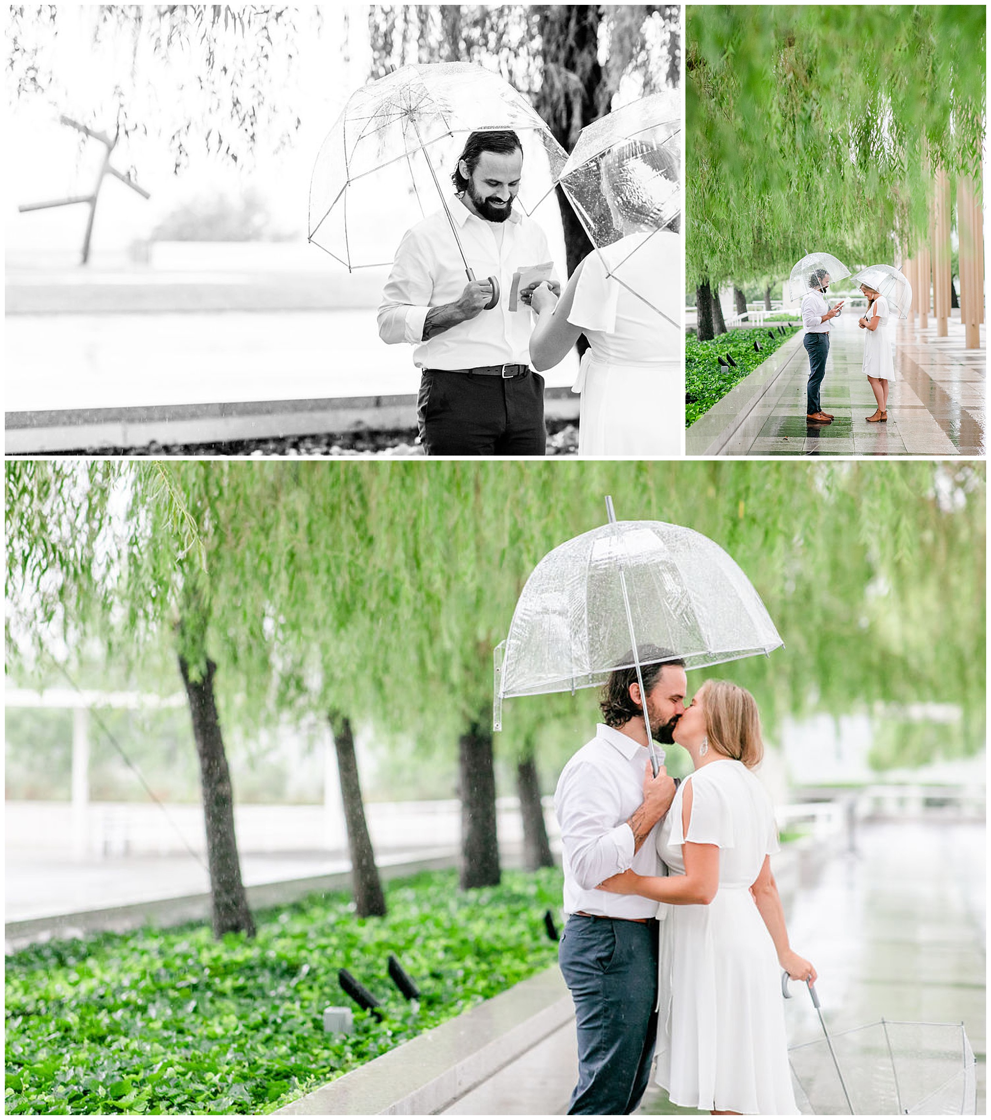 rainy Kennedy Center elopement, DC elopement, rainy day portraits, rainy elopement, rainy engagement photos, playing in the rain, Washington DC wedding photographer, DC wedding photography, playful portraits, boho couple, dancing in the rain, Rachel E.H. Photography, black and white, couple reading vows, couple kissing under umbrella