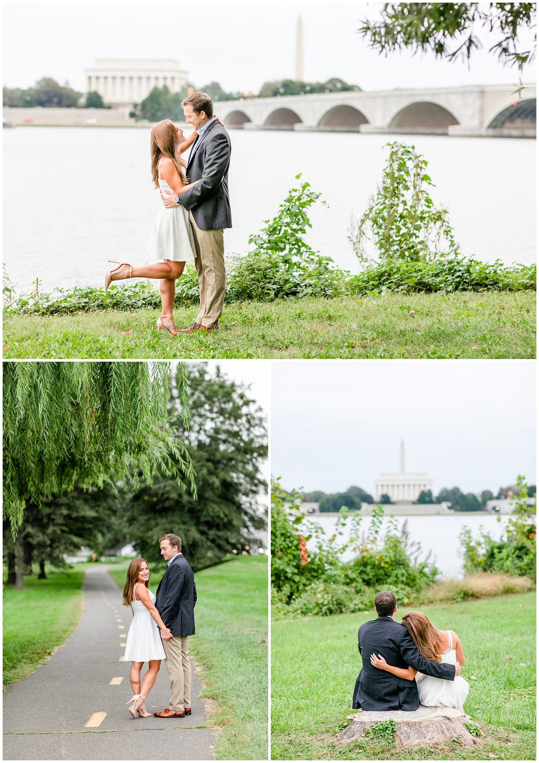 GW Parkway engagement photos, Roosevelt Island engagement photos, Mt. Vernon Trail engagement photos, Arlington engagement photos, DC engagement photos, waterfront engagement photos, autumn engagement photos, natural light engagement photos, Rachel E.H. Photography, couple almost kissing in front of water, couple sitting on tree stump