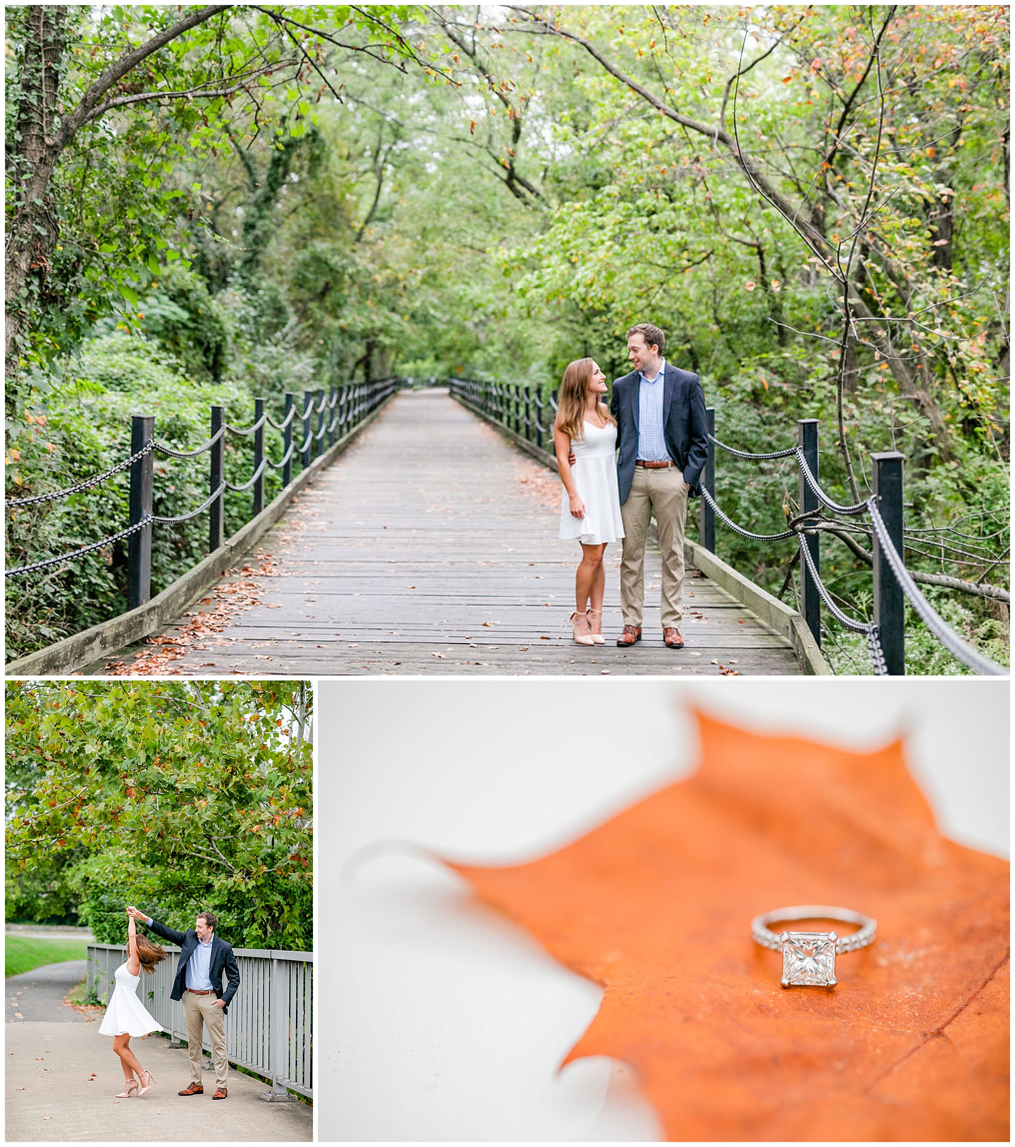 GW Parkway engagement photos, Roosevelt Island engagement photos, Mt. Vernon Trail engagement photos, Arlington engagement photos, DC engagement photos, waterfront engagement photos, autumn engagement photos, natural light engagement photos, Rachel E.H. Photography, engagement ring on leaf, man twirling woman