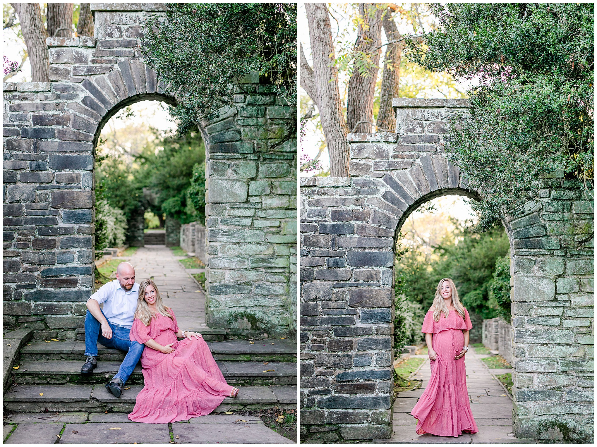 Glenview Mansion maternity session, Glenview Mansion photographer, Glenview Mansion photos, natural light maternity photos, maternity photos outfit ideas, DC photo shoot locations, DC wedding venue, Maryland wedding venue, autumn maternity photos, Rachel E.H. Photography, pregnant woman in pink dress, couple sitting on stone stairs