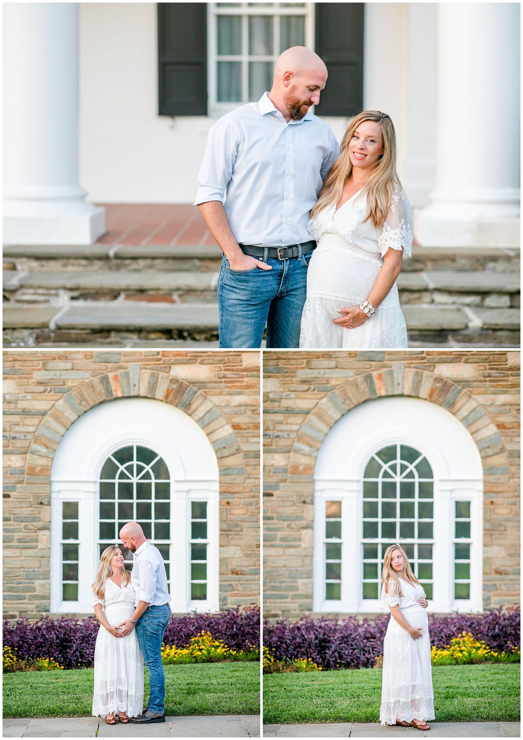 Glenview Mansion maternity session, Glenview Mansion photographer, Glenview Mansion photos, natural light maternity photos, maternity photos outfit ideas, DC photo shoot locations, DC wedding venue, Maryland wedding venue, autumn maternity photos, Rachel E.H. Photography, woman in front of yellow and purple flowers, pregnant woman in white lace dress