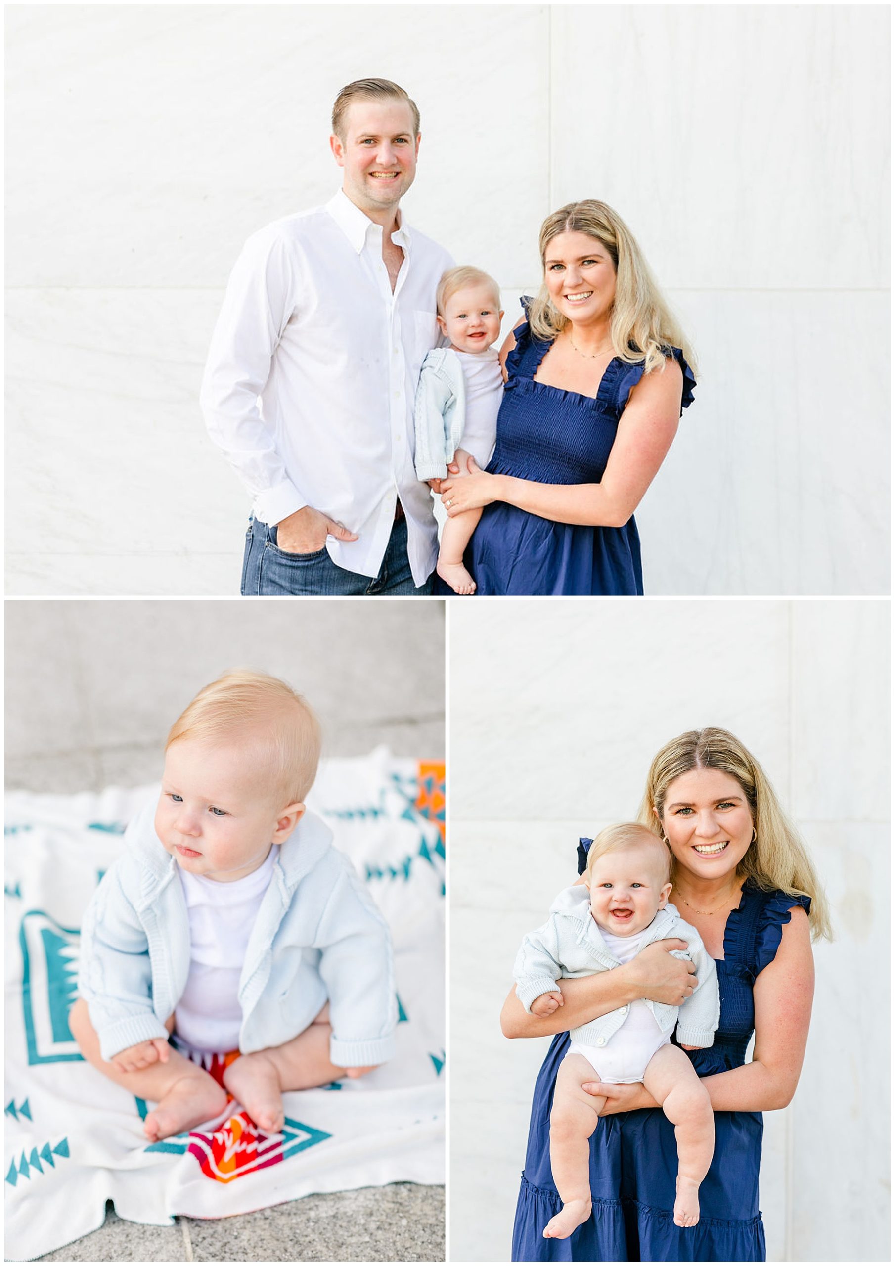 Kennedy Center family portraits, DC family portraits, classic DC family photos, casual family portraits, spring family portraits, Kennedy Center portraits, family of three, couple with baby, Rachel E.H. Photography, baby sitting on blanket, mom holding baby, baby smiling