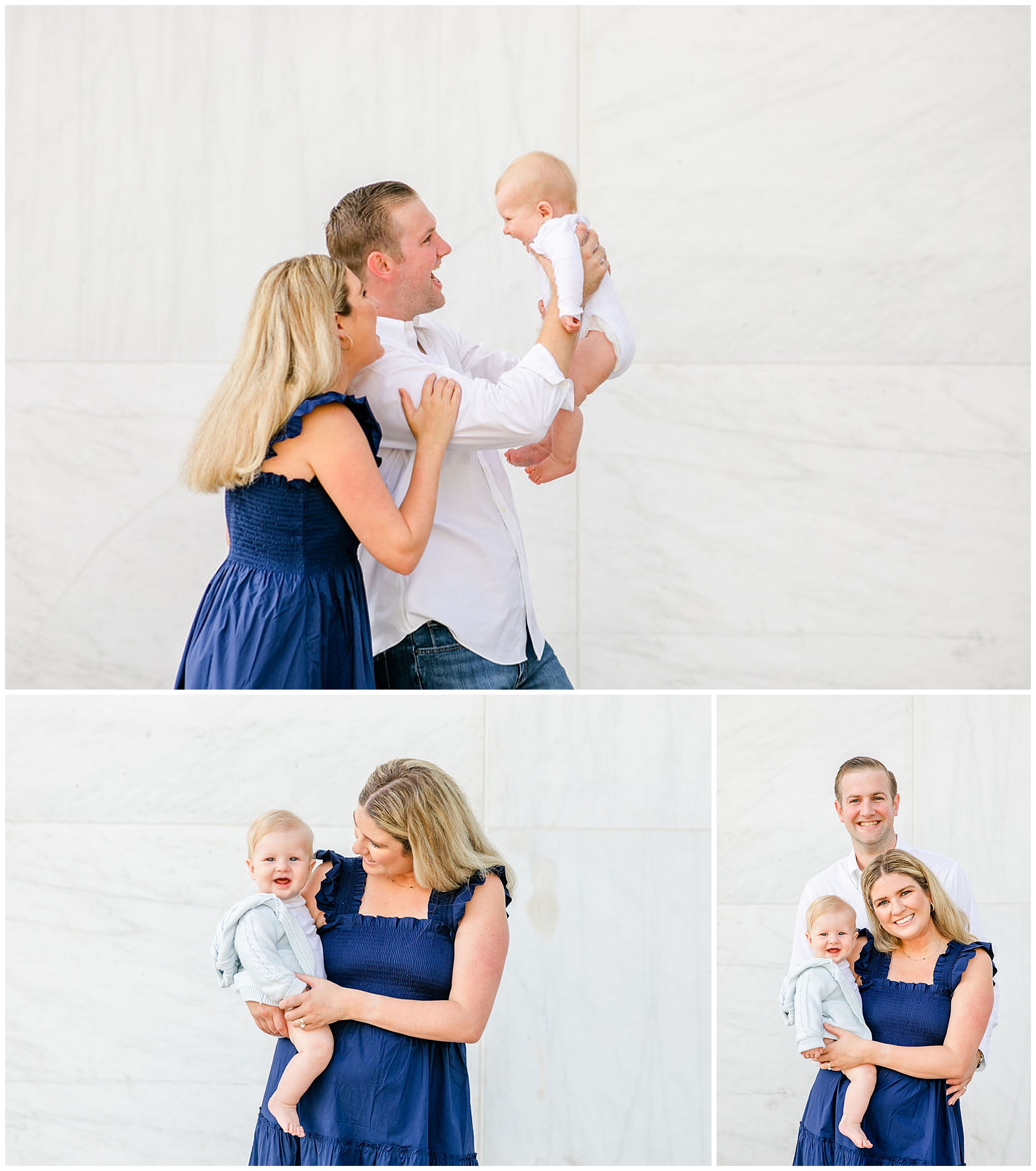 Kennedy Center family portraits, DC family portraits, classic DC family photos, casual family portraits, spring family portraits, Kennedy Center portraits, family of three, couple with baby, Rachel E.H. Photography, man holding baby up, baby laughing, mom holding baby, mom looking at baby